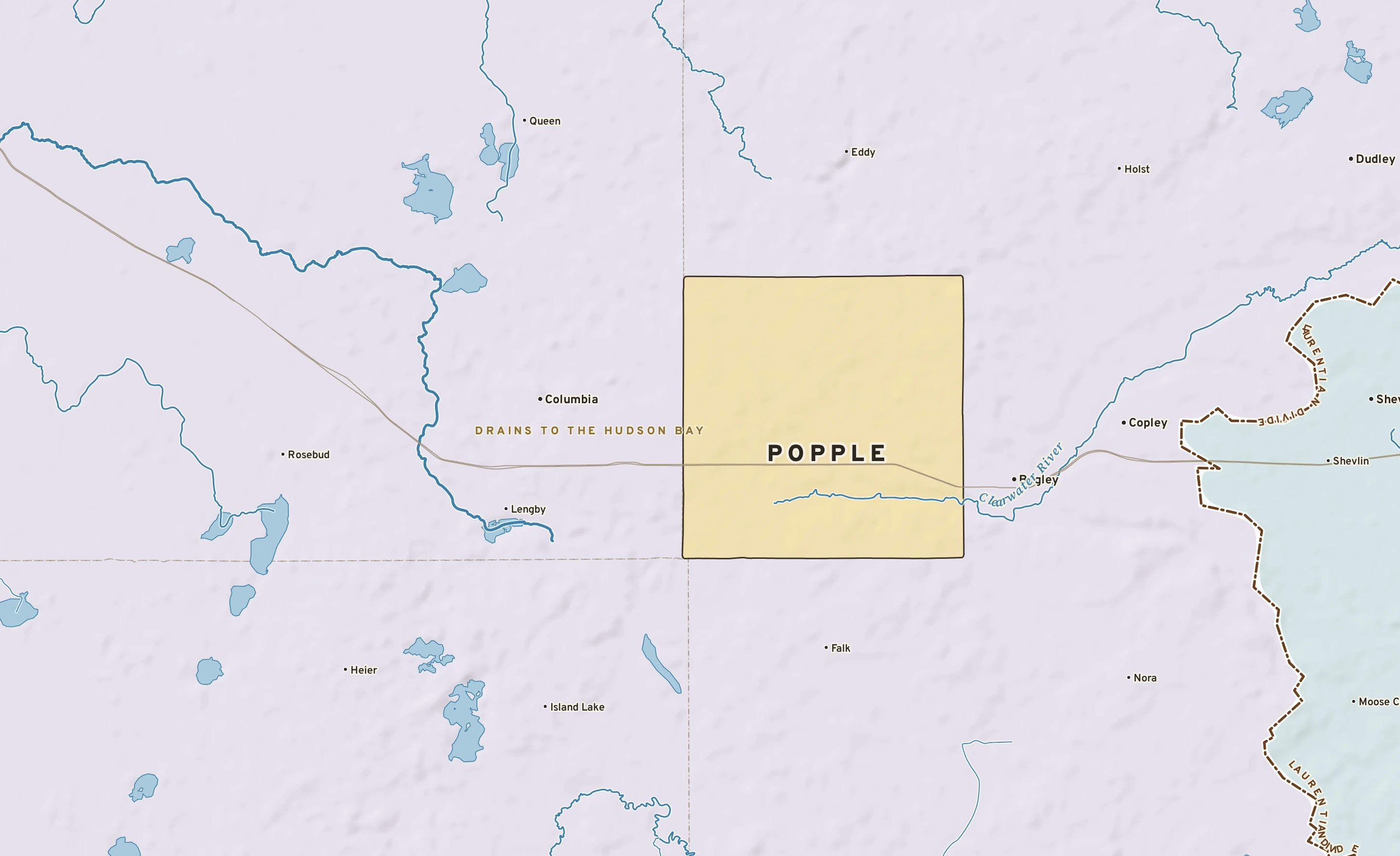 Shaded-relief atlas plate of Popple, Minnesota: rivers, roads, the city limits and where the water drains.