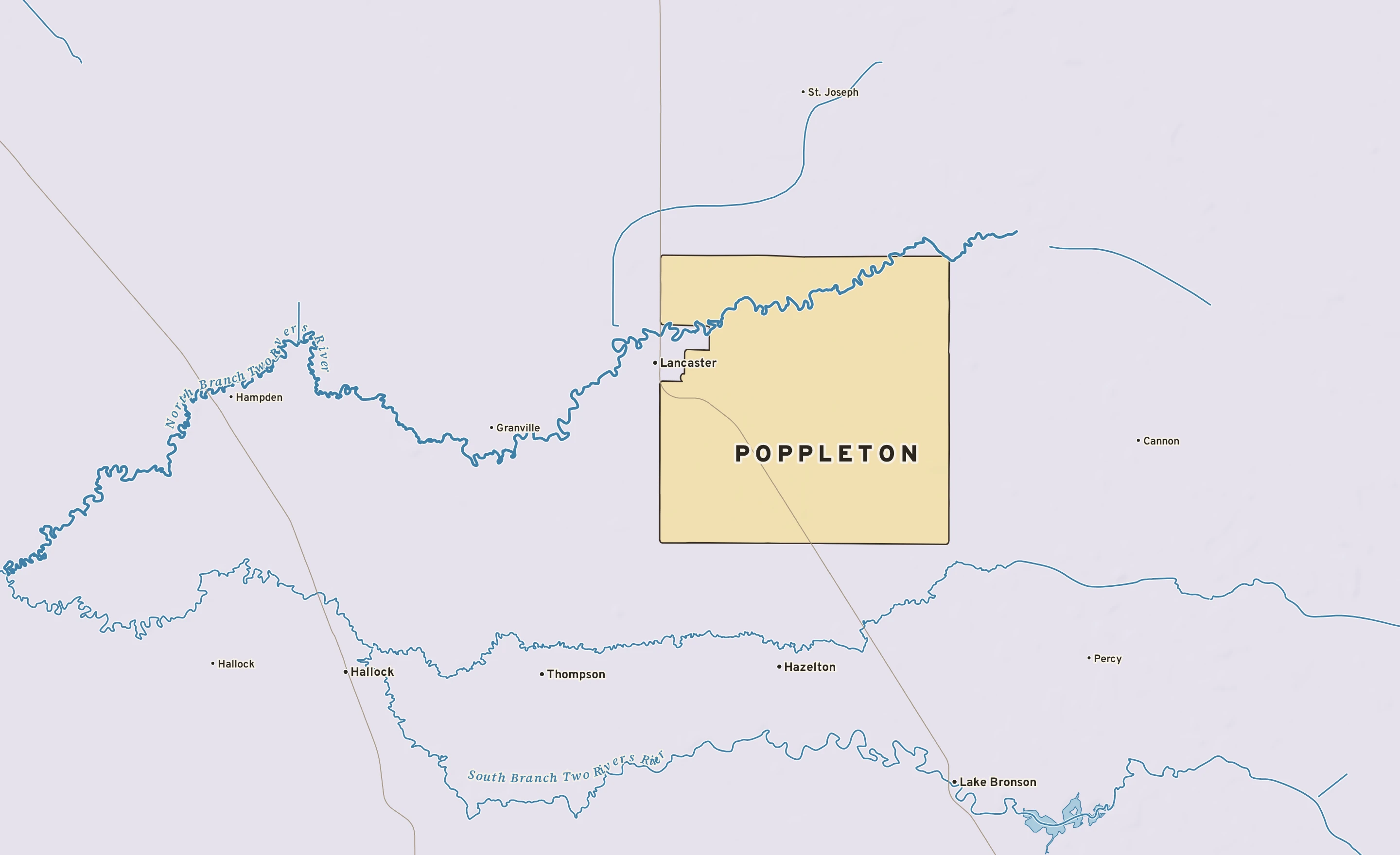 Shaded-relief atlas plate of Poppleton, Minnesota: rivers, roads, the city limits and where the water drains.