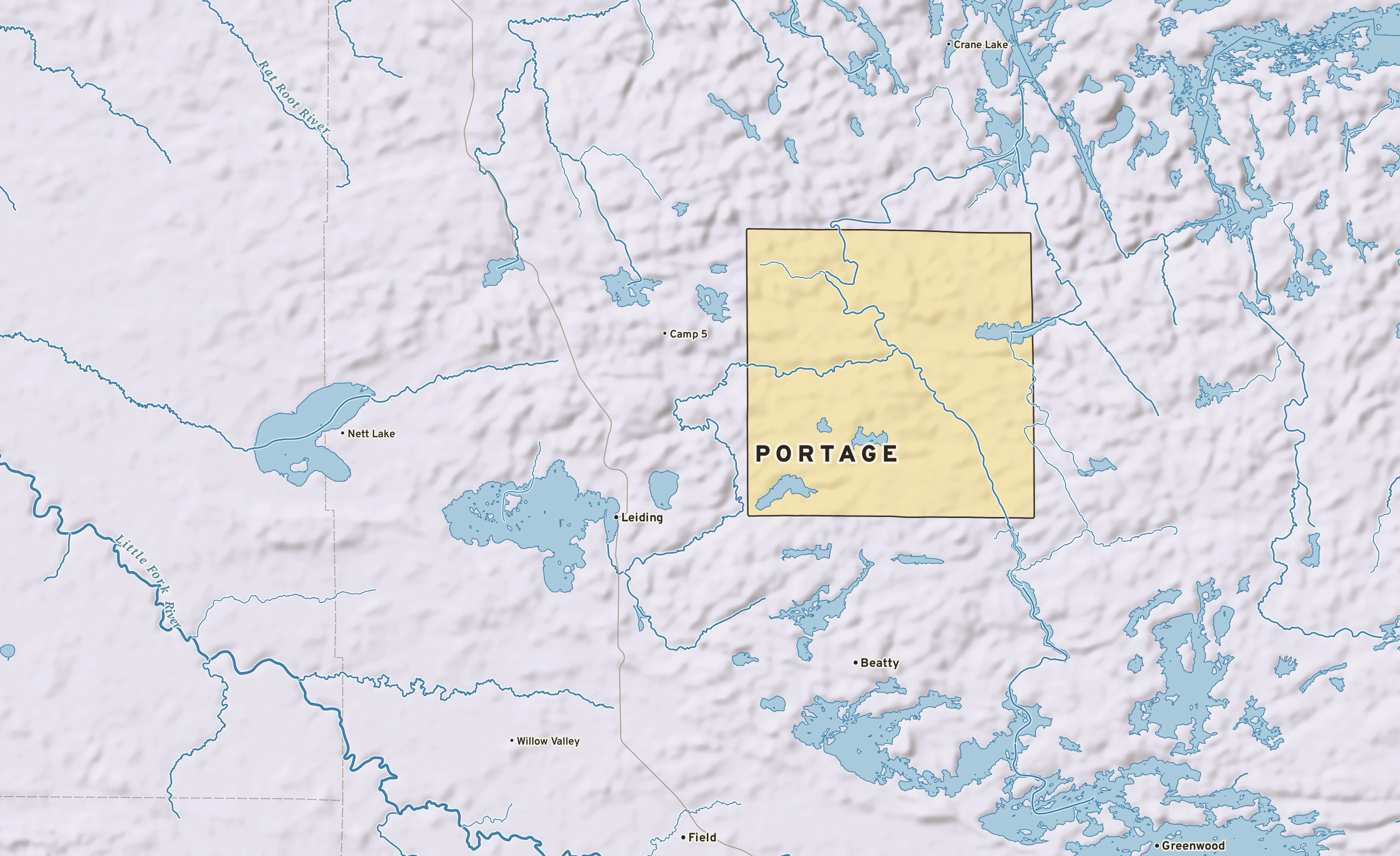 Shaded-relief atlas plate of Portage, Minnesota: rivers, roads, the city limits and where the water drains.