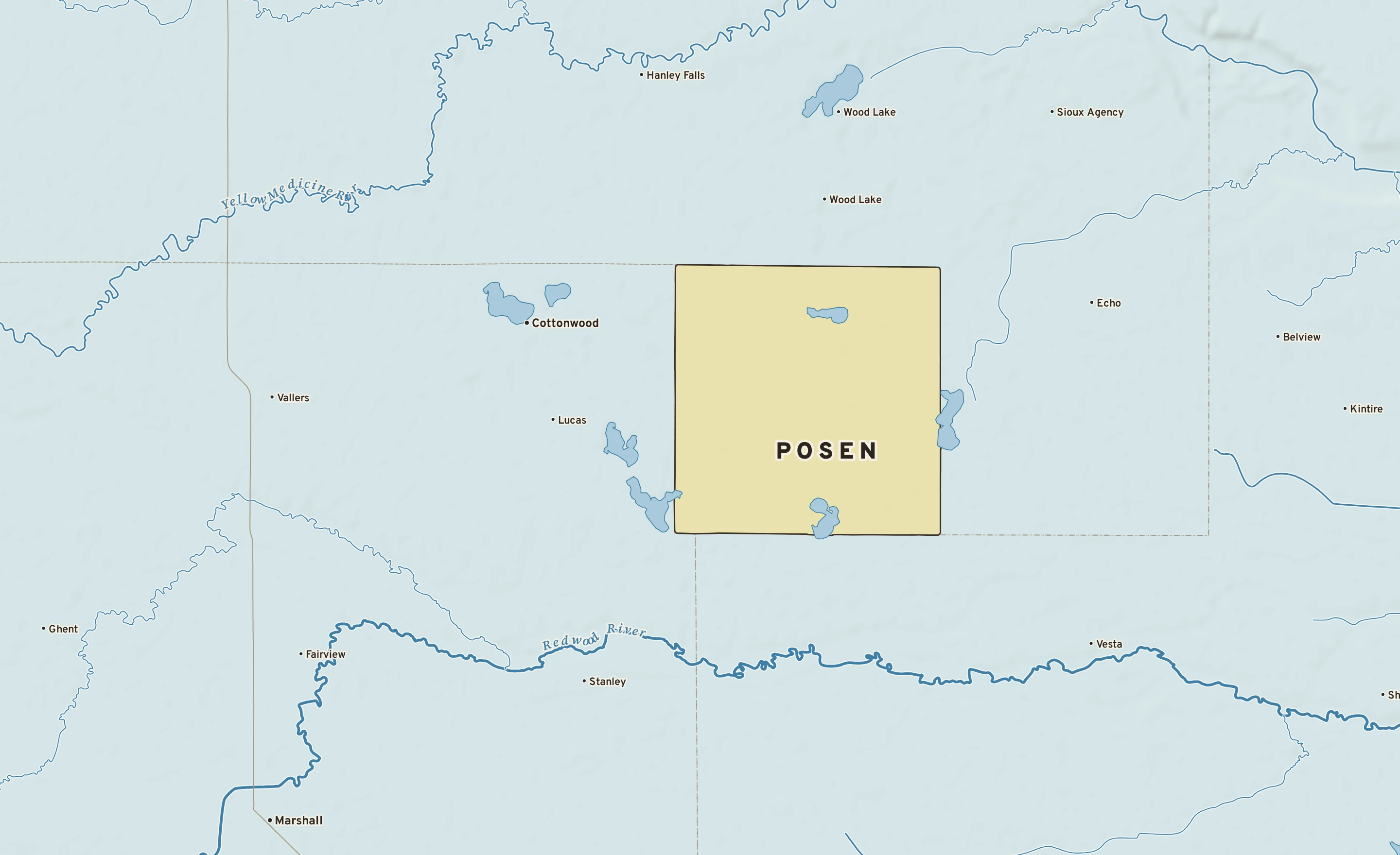 Shaded-relief atlas plate of Posen, Minnesota: rivers, roads, the city limits and where the water drains.