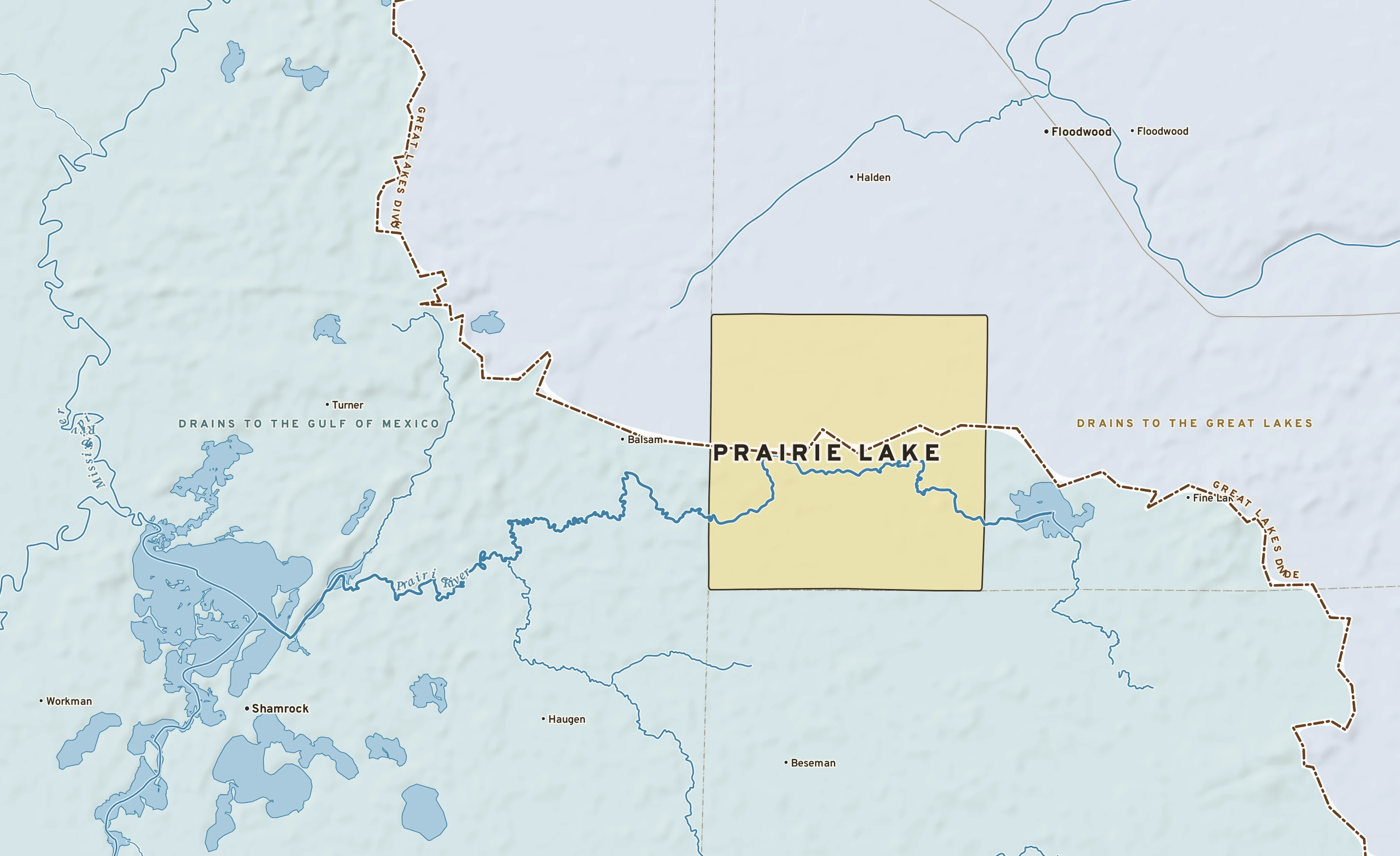 Shaded-relief atlas plate of Prairie Lake, Minnesota: rivers, roads, the city limits and where the water drains.