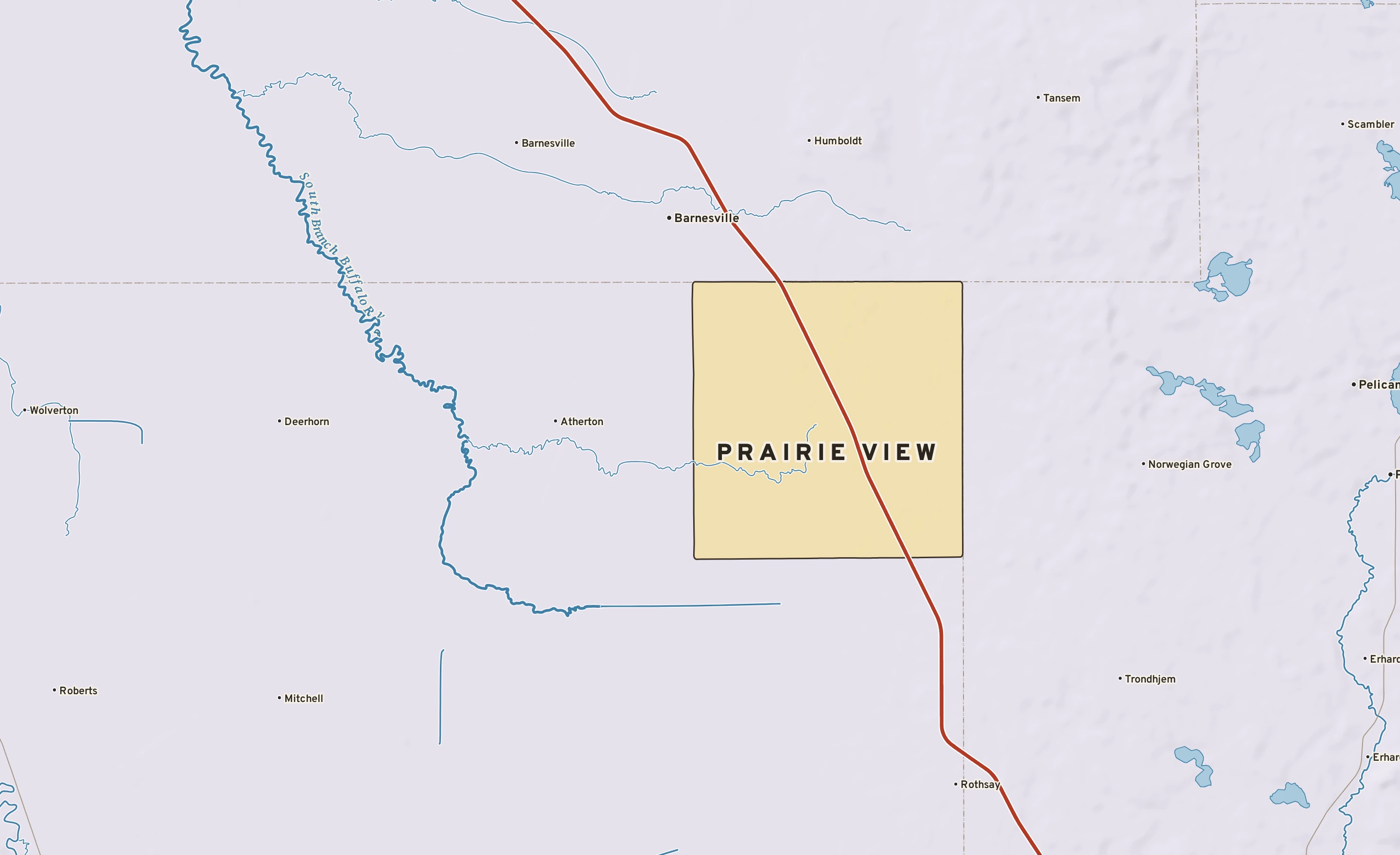 Shaded-relief atlas plate of Prairie View, Minnesota: rivers, roads, the city limits and where the water drains.