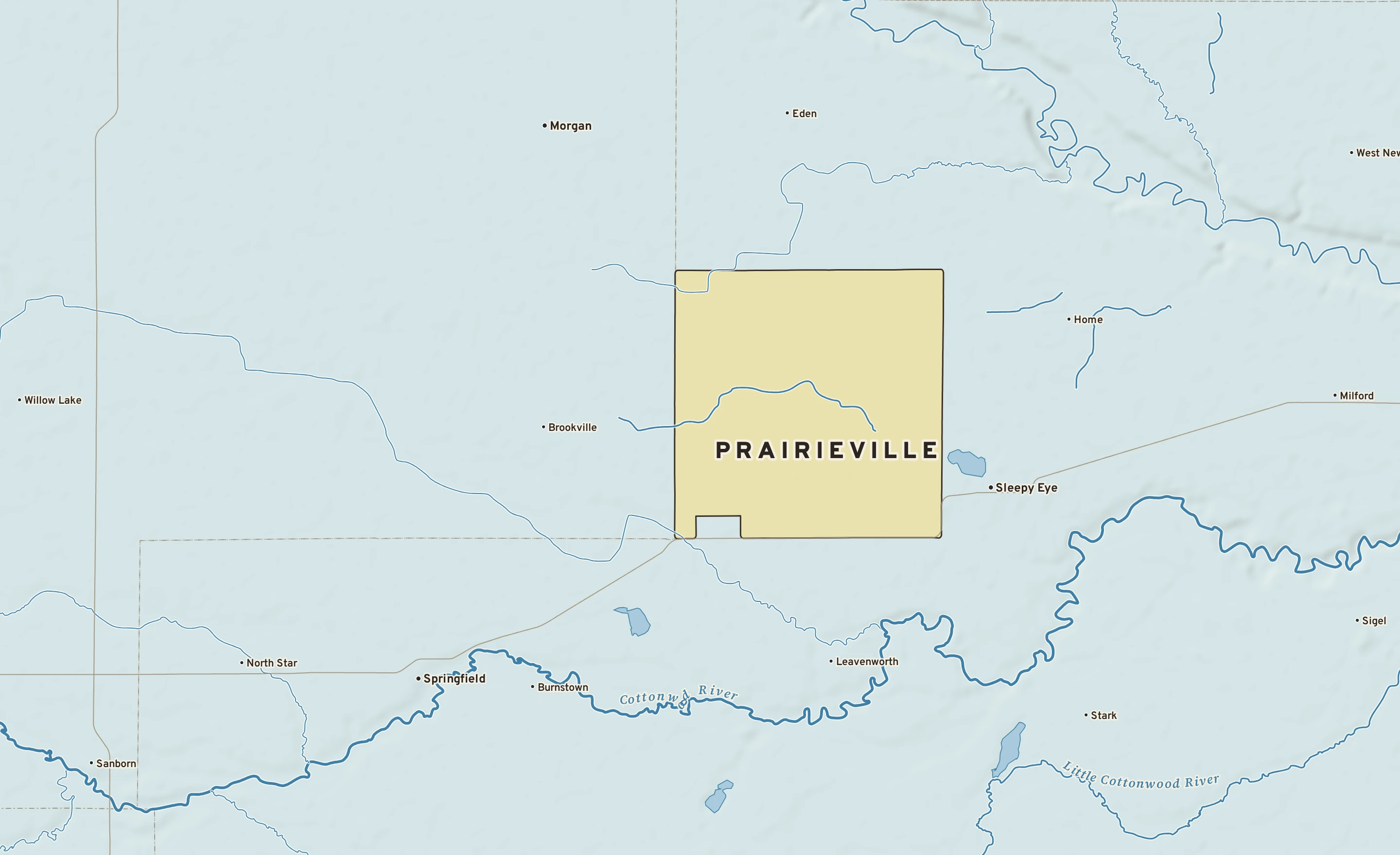 Shaded-relief atlas plate of Prairieville, Minnesota: rivers, roads, the city limits and where the water drains.