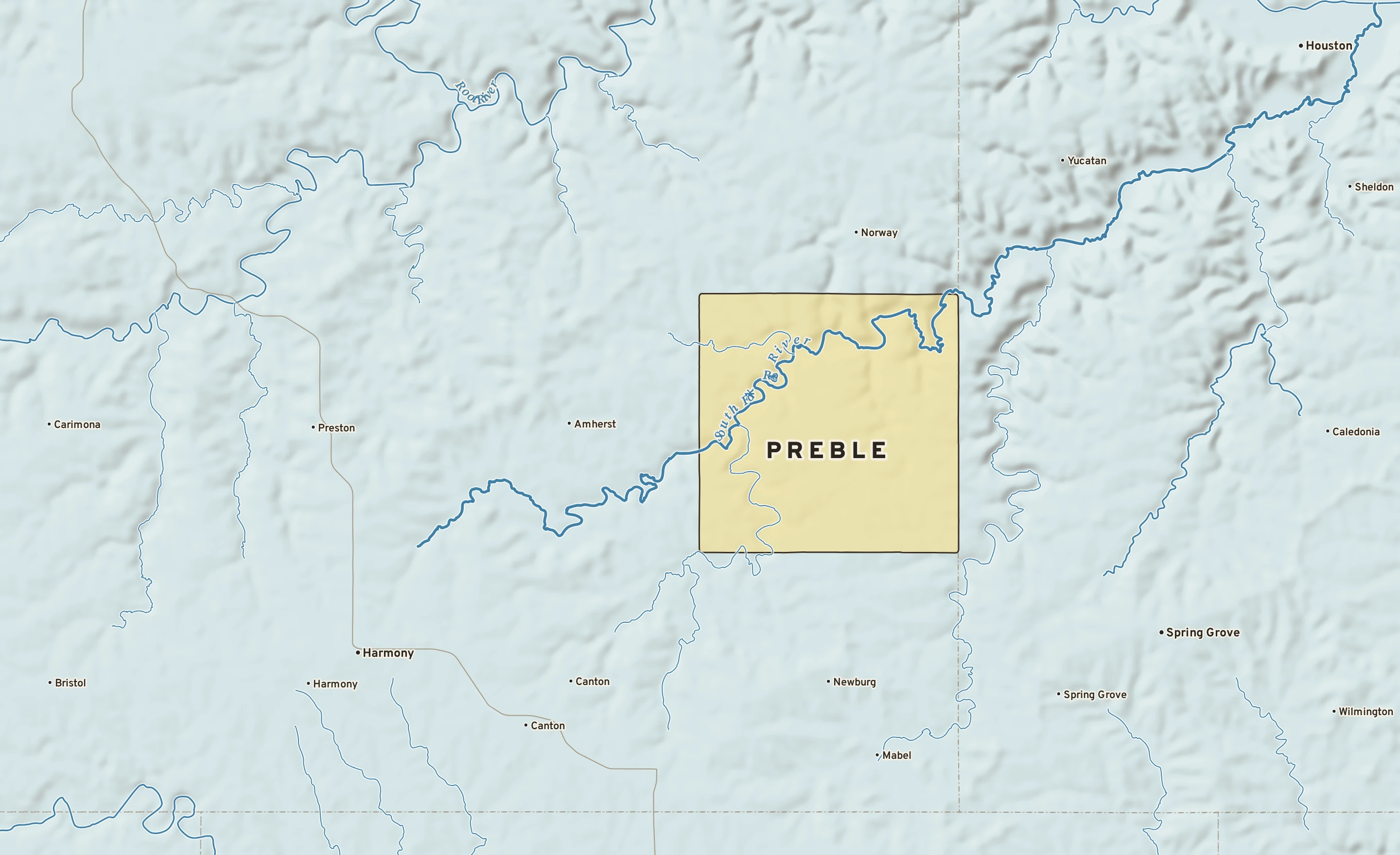 Shaded-relief atlas plate of Preble, Minnesota: rivers, roads, the city limits and where the water drains.