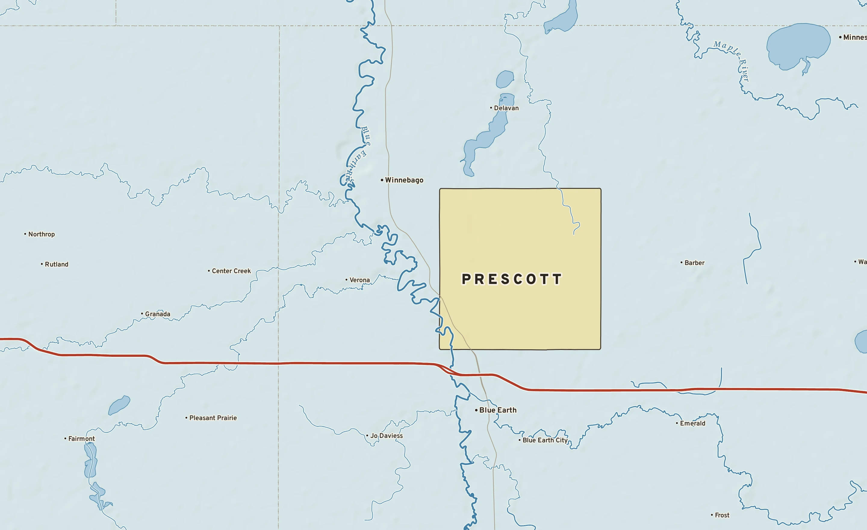 Shaded-relief atlas plate of Prescott, Minnesota: rivers, roads, the city limits and where the water drains.