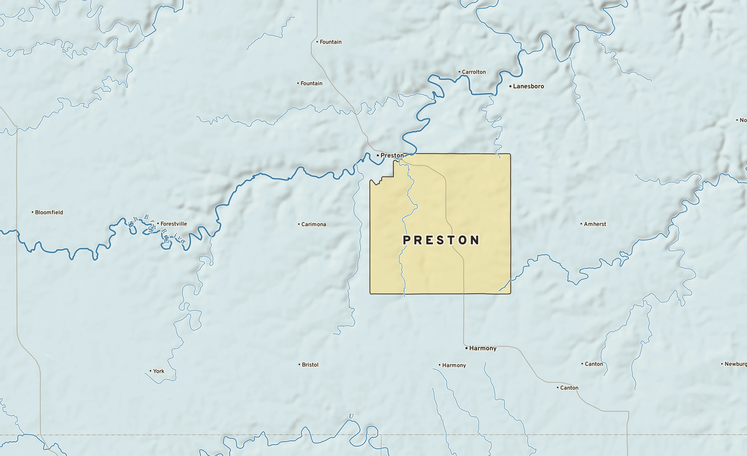 Shaded-relief atlas plate of Preston, Minnesota: rivers, roads, the city limits and where the water drains.