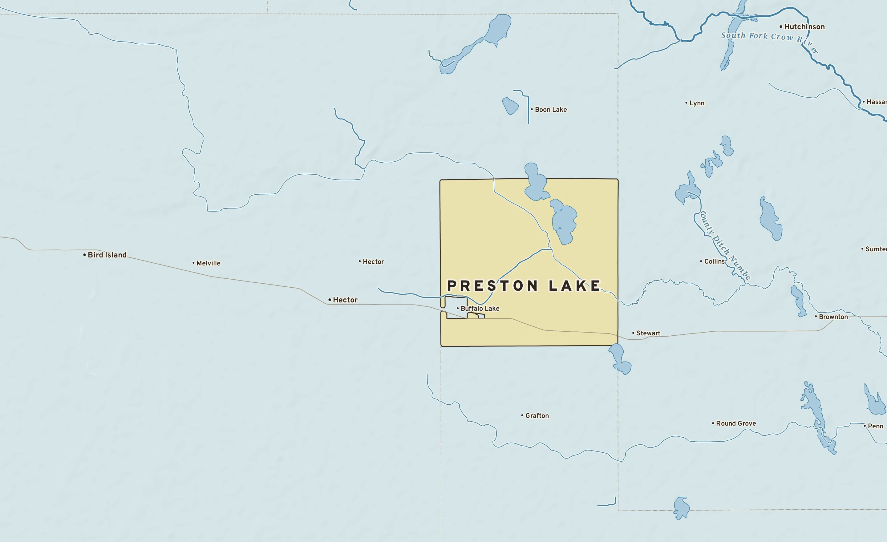Shaded-relief atlas plate of Preston Lake, Minnesota: rivers, roads, the city limits and where the water drains.