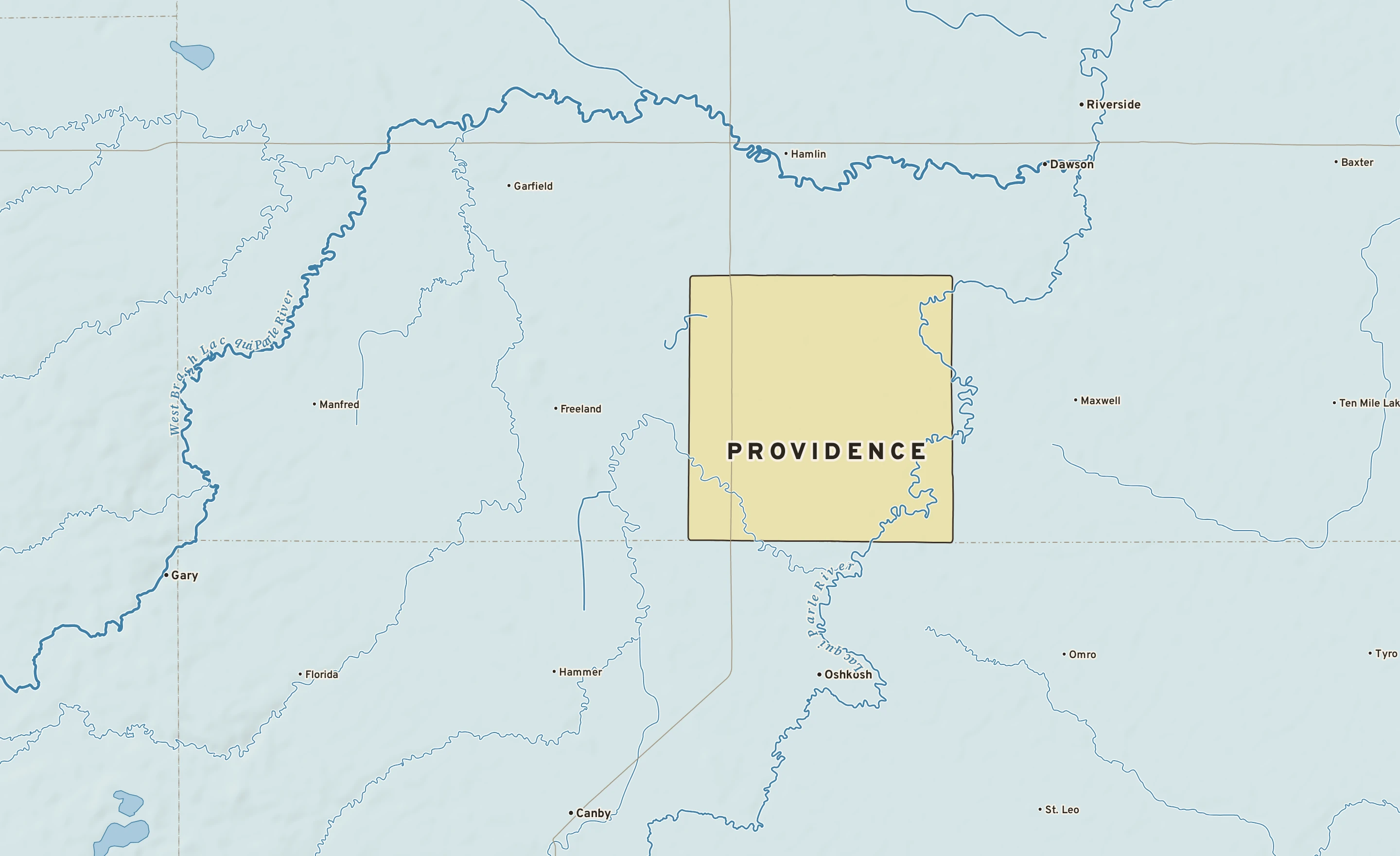 Shaded-relief atlas plate of Providence, Minnesota: rivers, roads, the city limits and where the water drains.