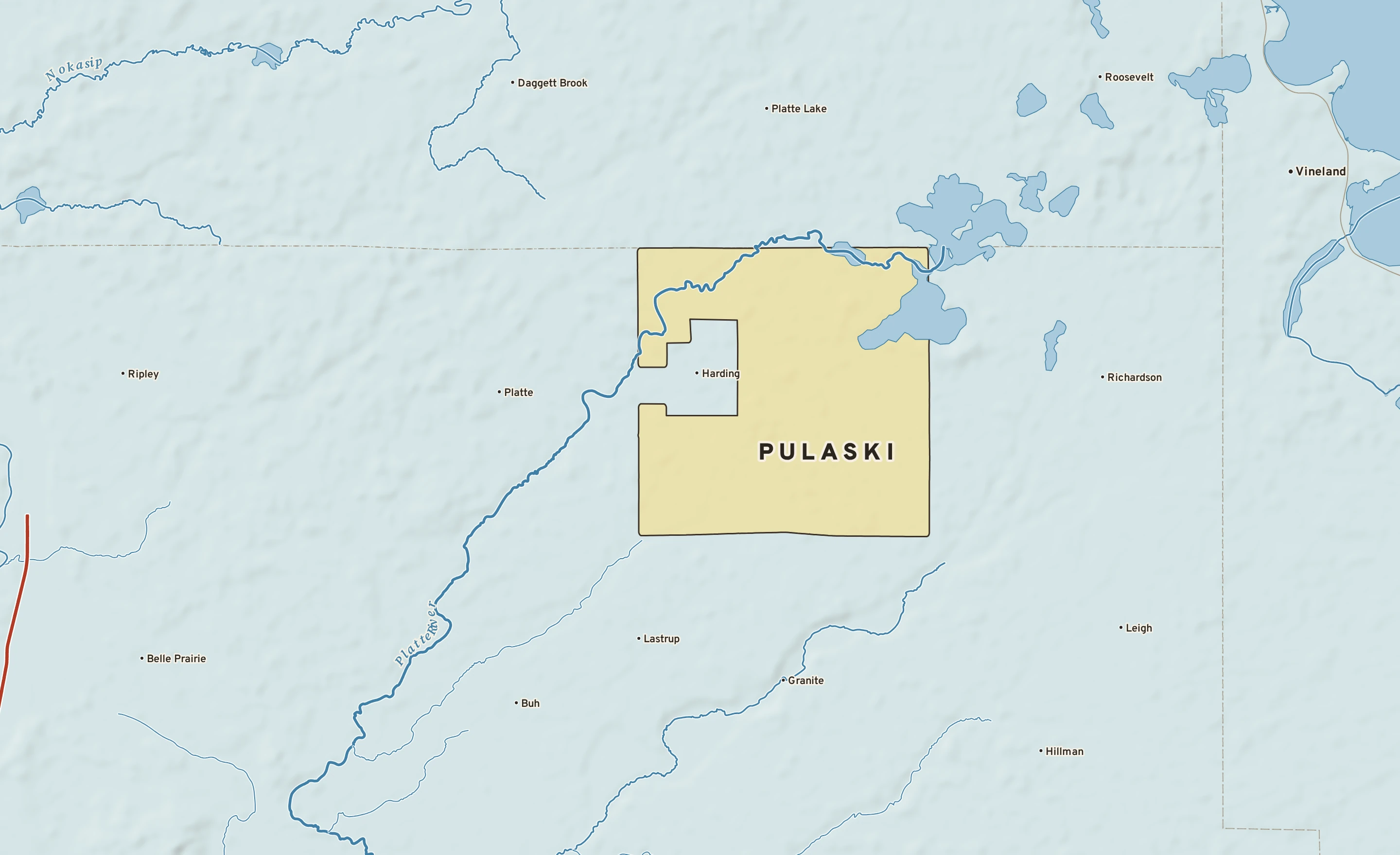 Shaded-relief atlas plate of Pulaski, Minnesota: rivers, roads, the city limits and where the water drains.