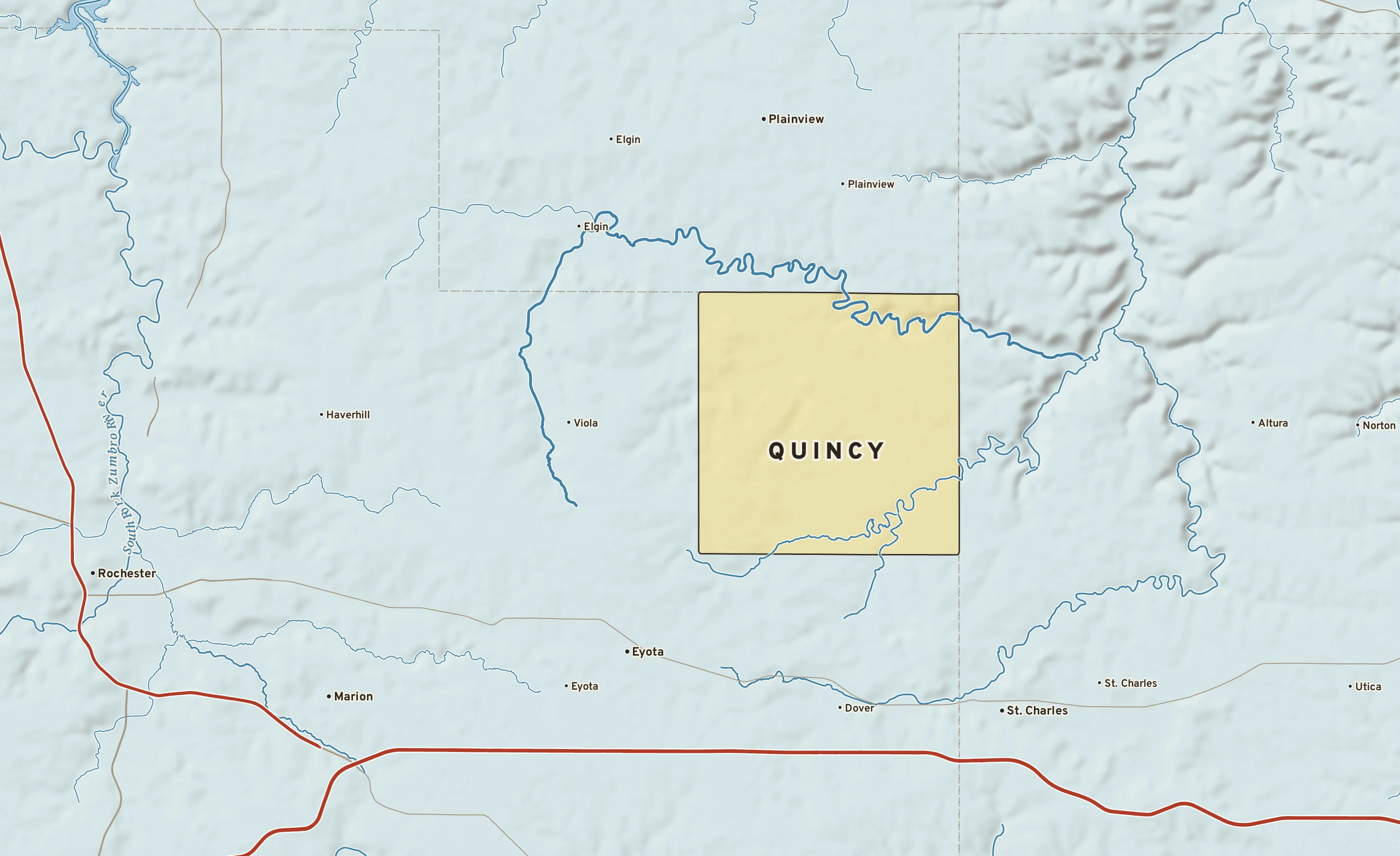 Shaded-relief atlas plate of Quincy, Minnesota: rivers, roads, the city limits and where the water drains.
