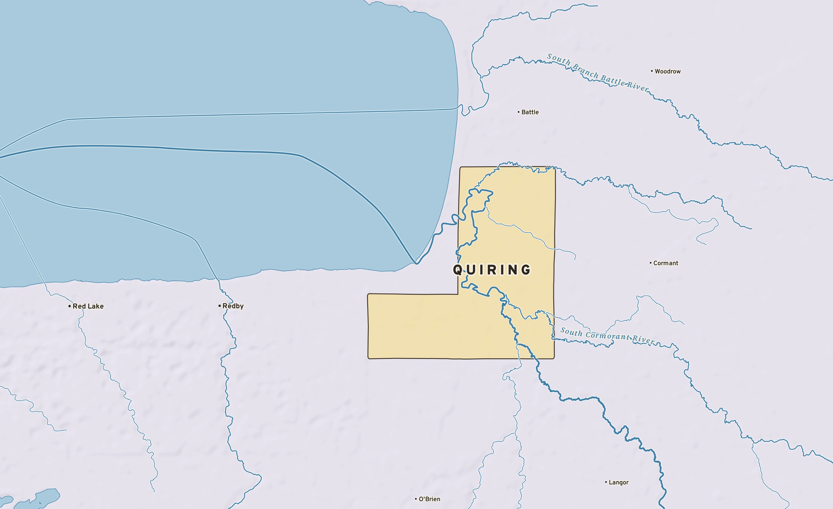 Shaded-relief atlas plate of Quiring, Minnesota: rivers, roads, the city limits and where the water drains.