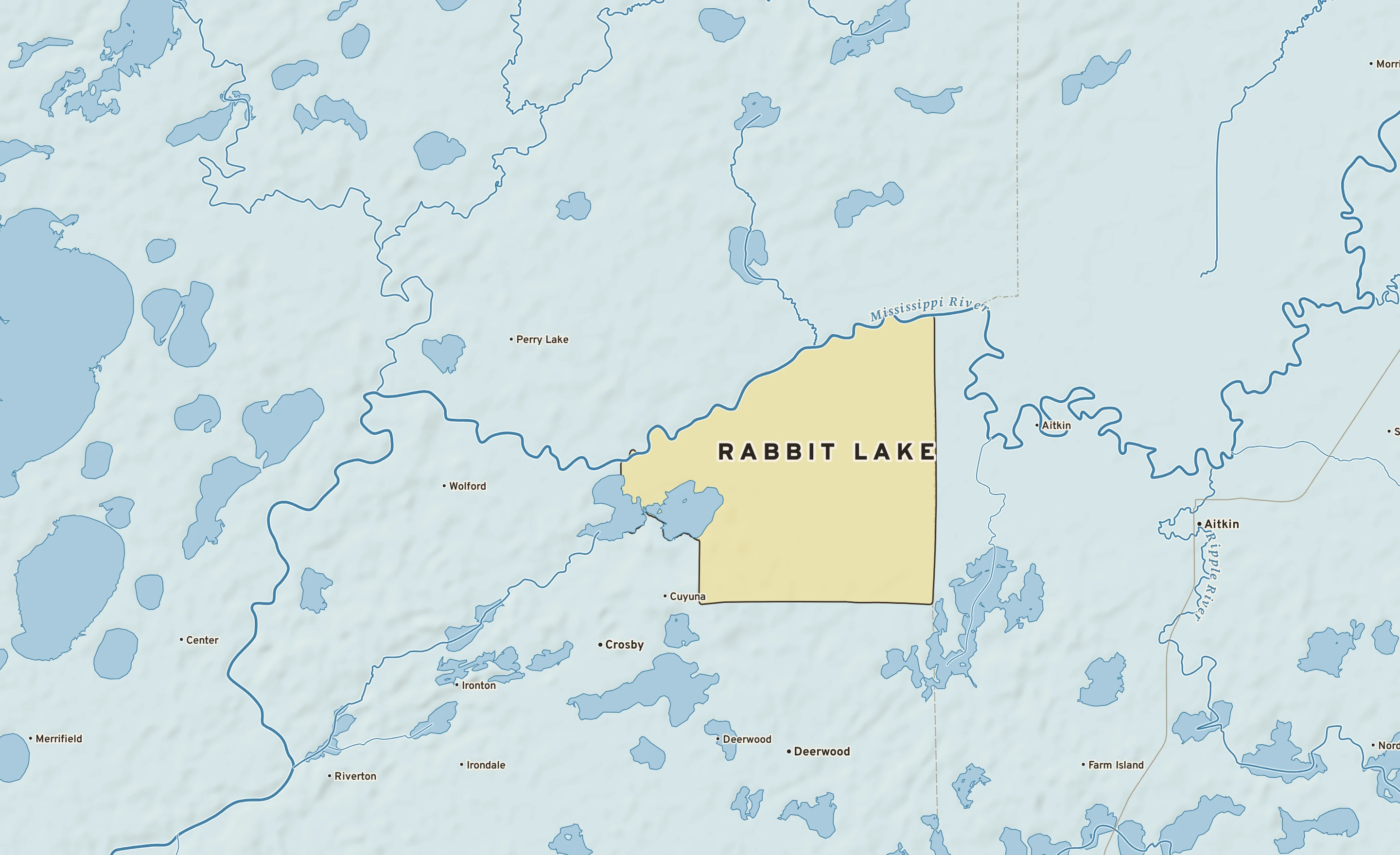 Shaded-relief atlas plate of Rabbit Lake, Minnesota: rivers, roads, the city limits and where the water drains.