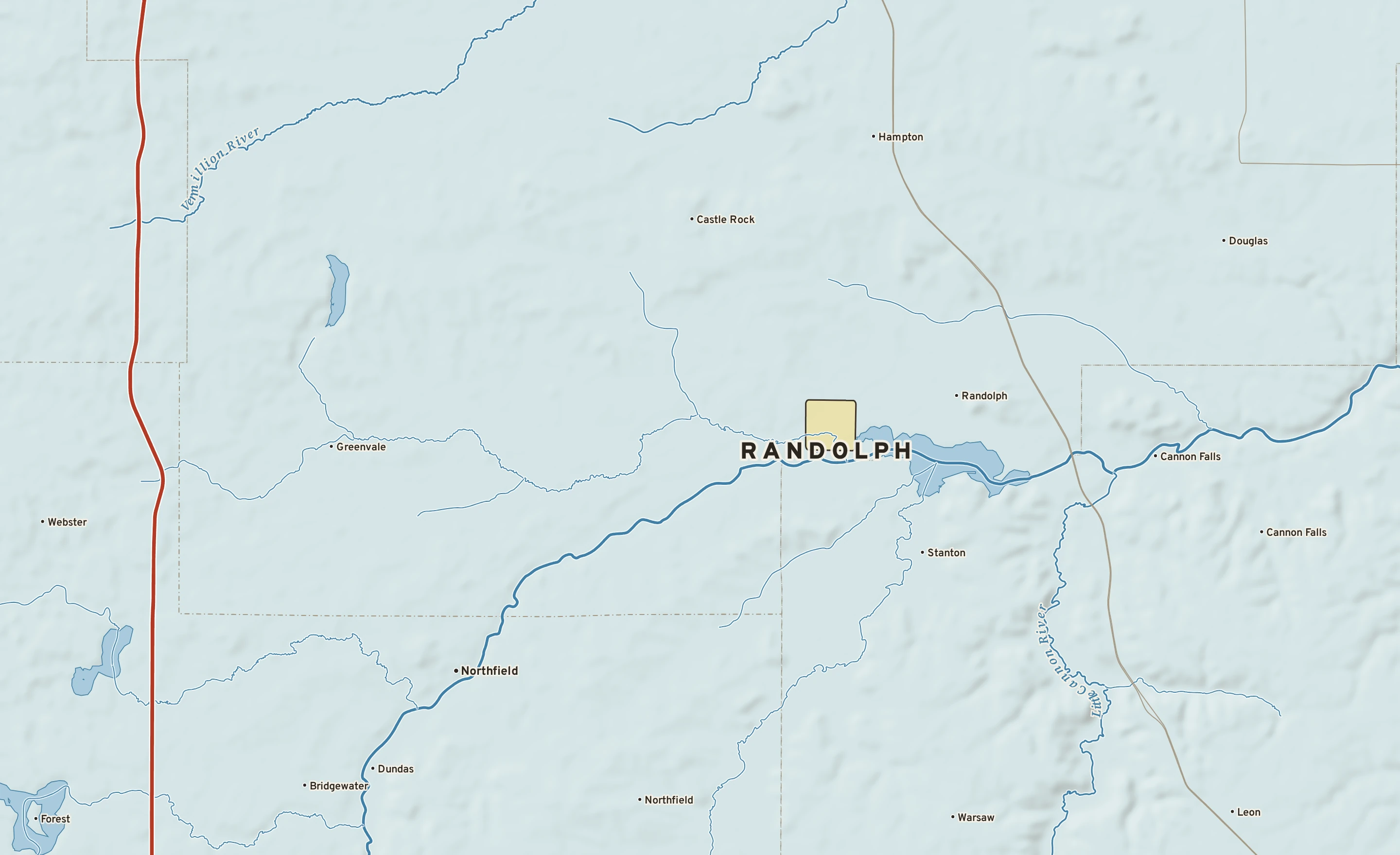 Shaded-relief atlas plate of Randolph, Minnesota: rivers, roads, the city limits and where the water drains.