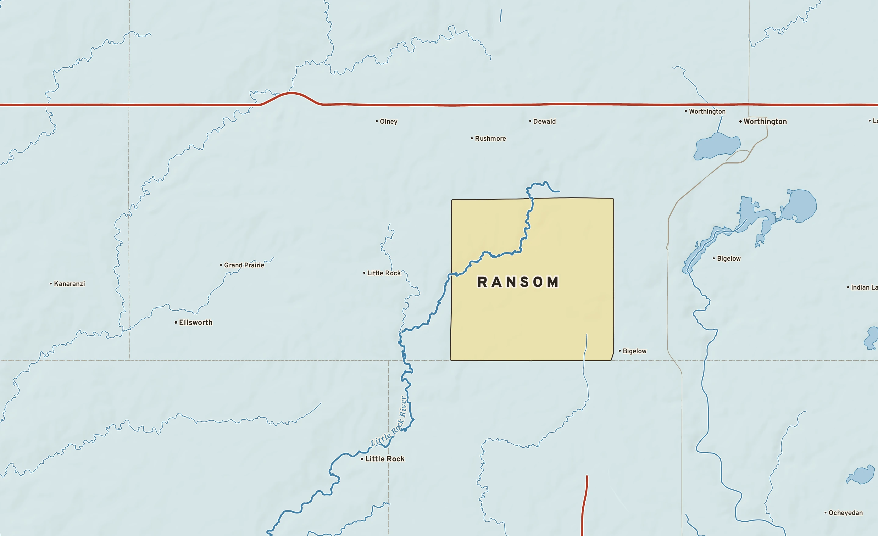 Shaded-relief atlas plate of Ransom, Minnesota: rivers, roads, the city limits and where the water drains.