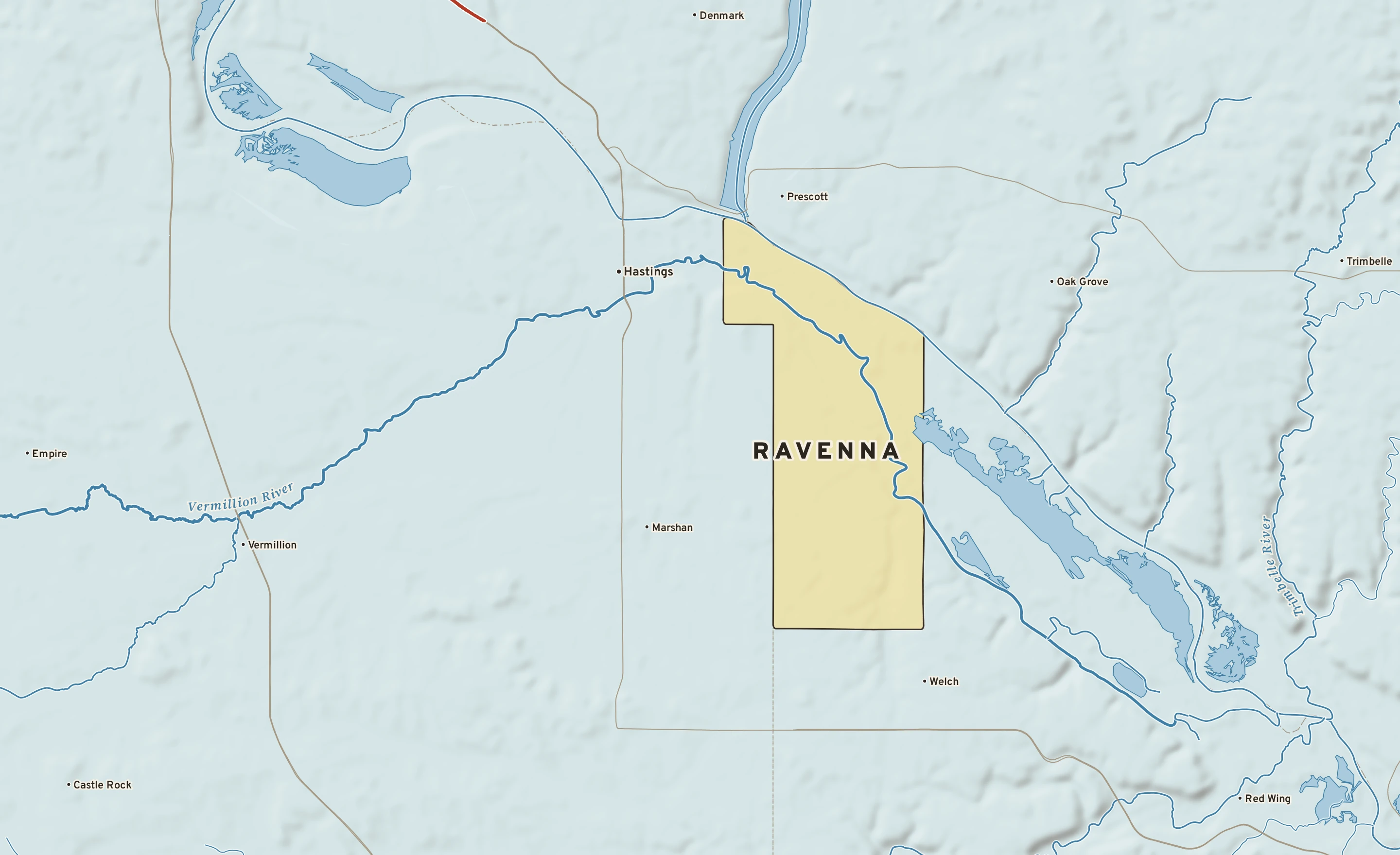Shaded-relief atlas plate of Ravenna, Minnesota: rivers, roads, the city limits and where the water drains.