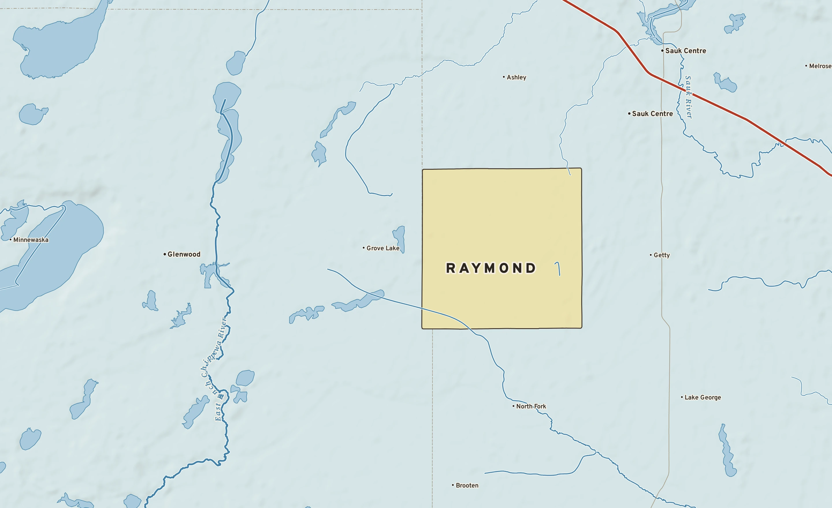 Shaded-relief atlas plate of Raymond, Minnesota: rivers, roads, the city limits and where the water drains.