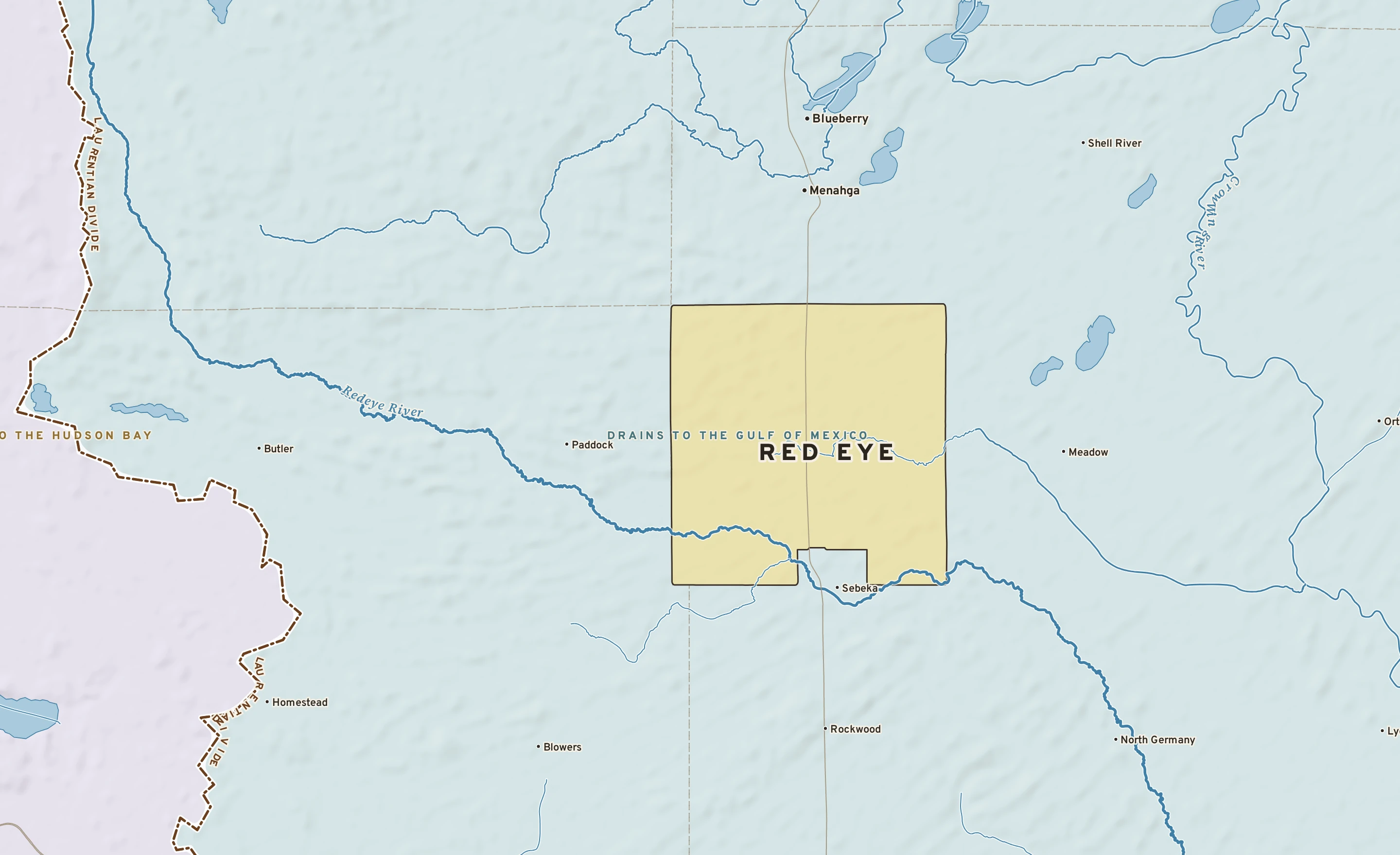 Shaded-relief atlas plate of Red Eye, Minnesota: rivers, roads, the city limits and where the water drains.