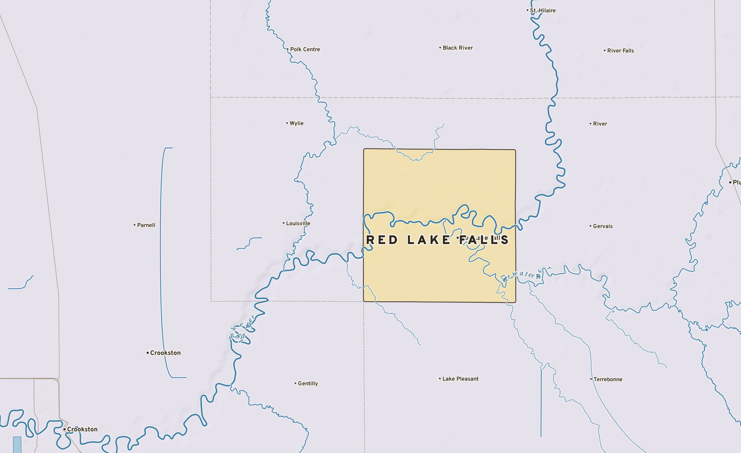 Shaded-relief atlas plate of Red Lake Falls, Minnesota: rivers, roads, the city limits and where the water drains.