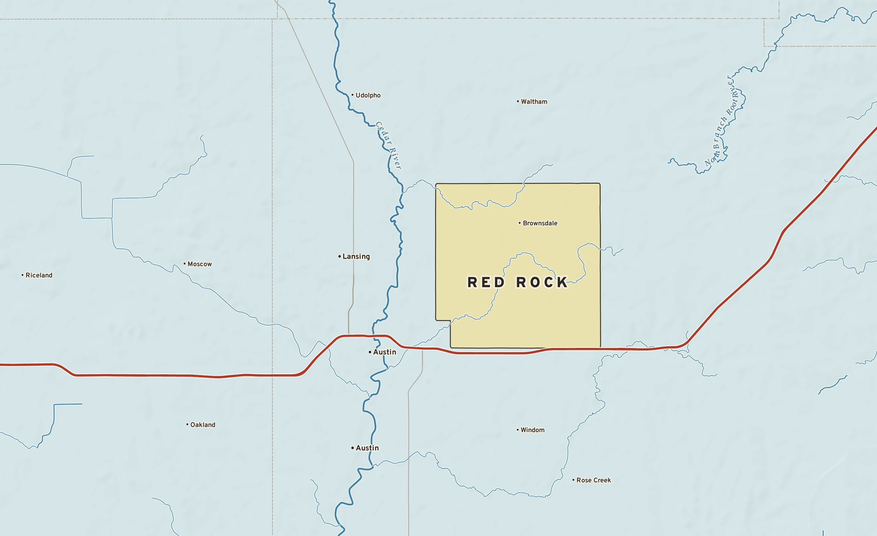 Shaded-relief atlas plate of Red Rock, Minnesota: rivers, roads, the city limits and where the water drains.