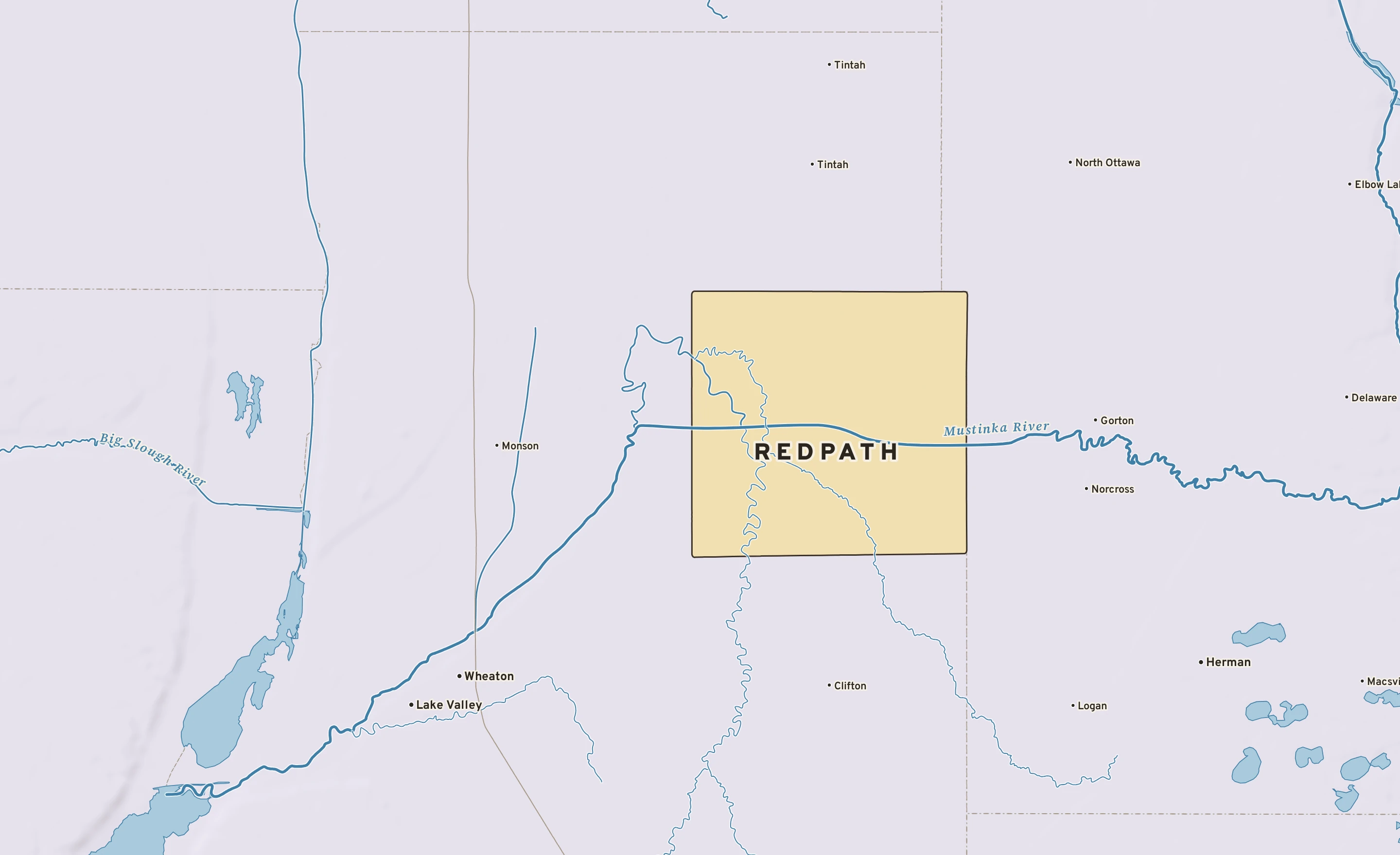 Shaded-relief atlas plate of Redpath, Minnesota: rivers, roads, the city limits and where the water drains.