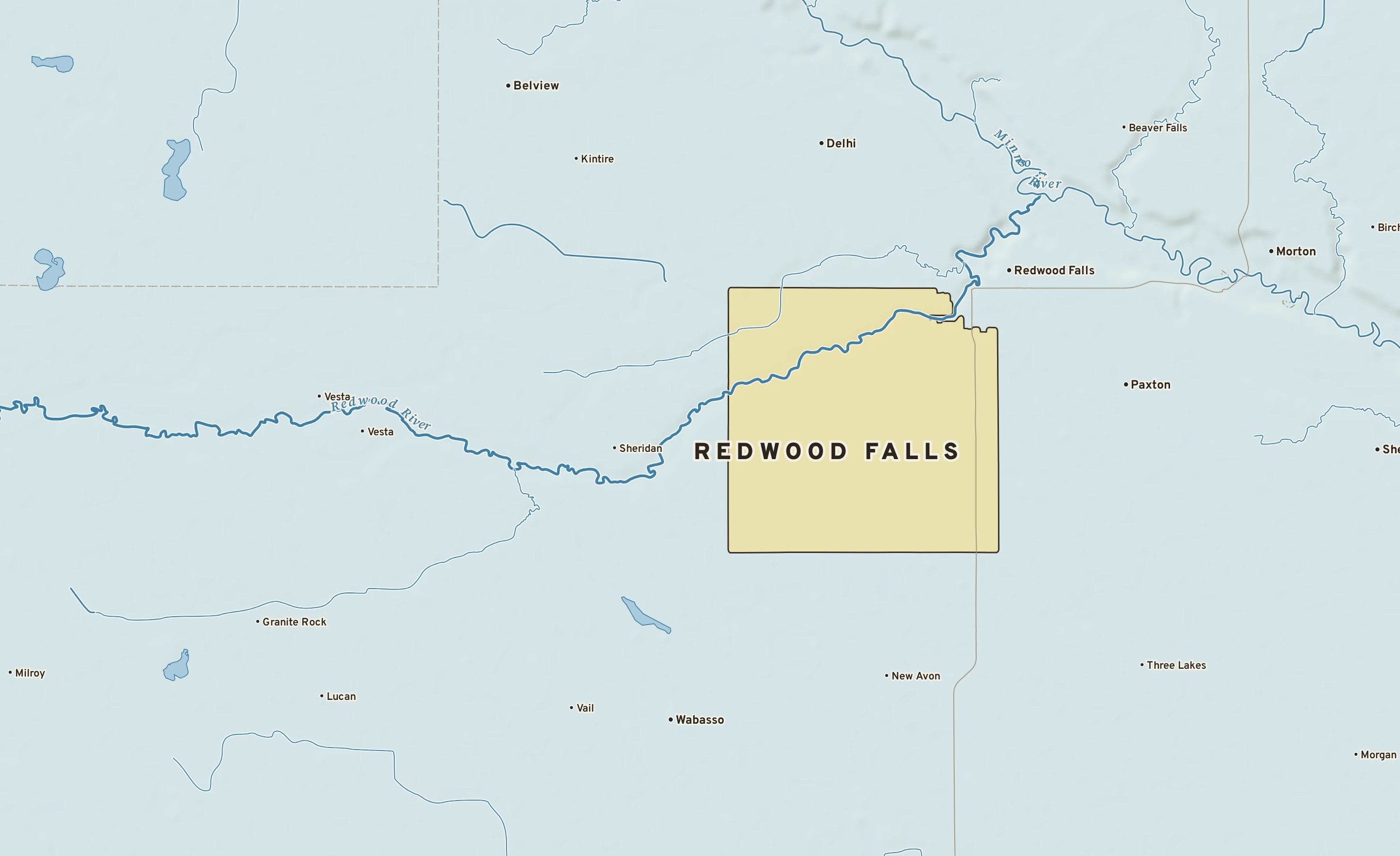 Shaded-relief atlas plate of Redwood Falls, Minnesota: rivers, roads, the city limits and where the water drains.