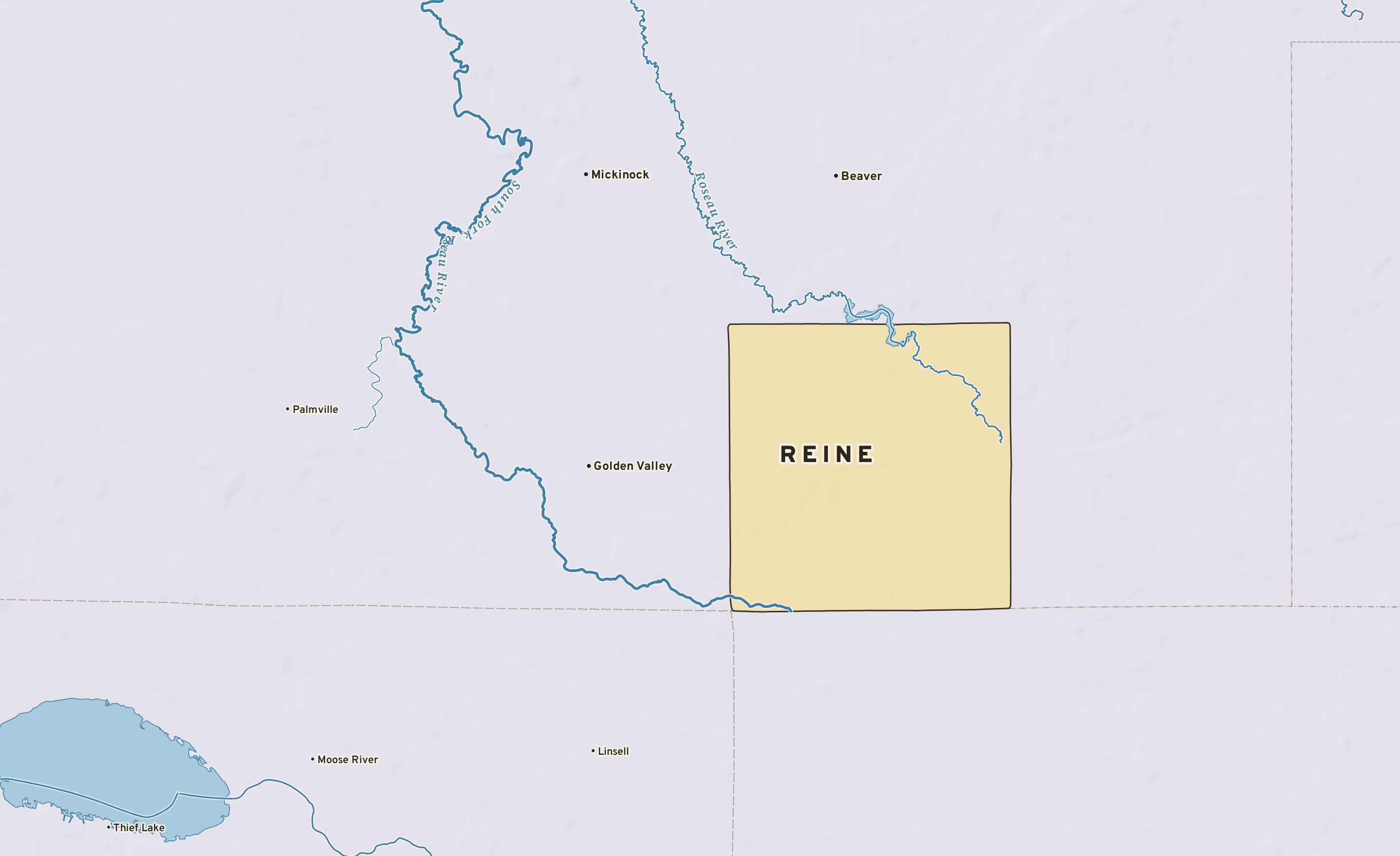Shaded-relief atlas plate of Reine, Minnesota: rivers, roads, the city limits and where the water drains.