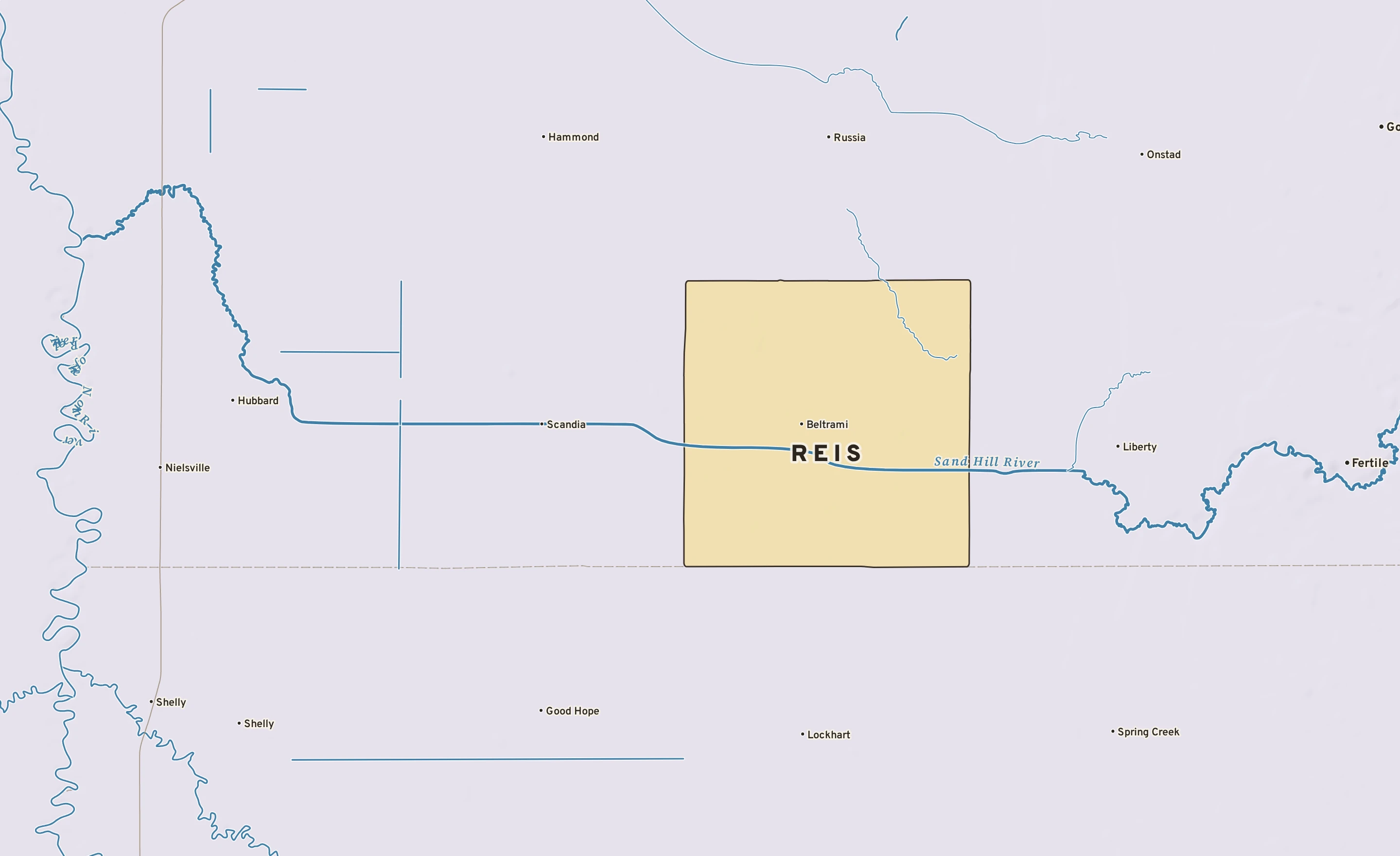 Shaded-relief atlas plate of Reis, Minnesota: rivers, roads, the city limits and where the water drains.