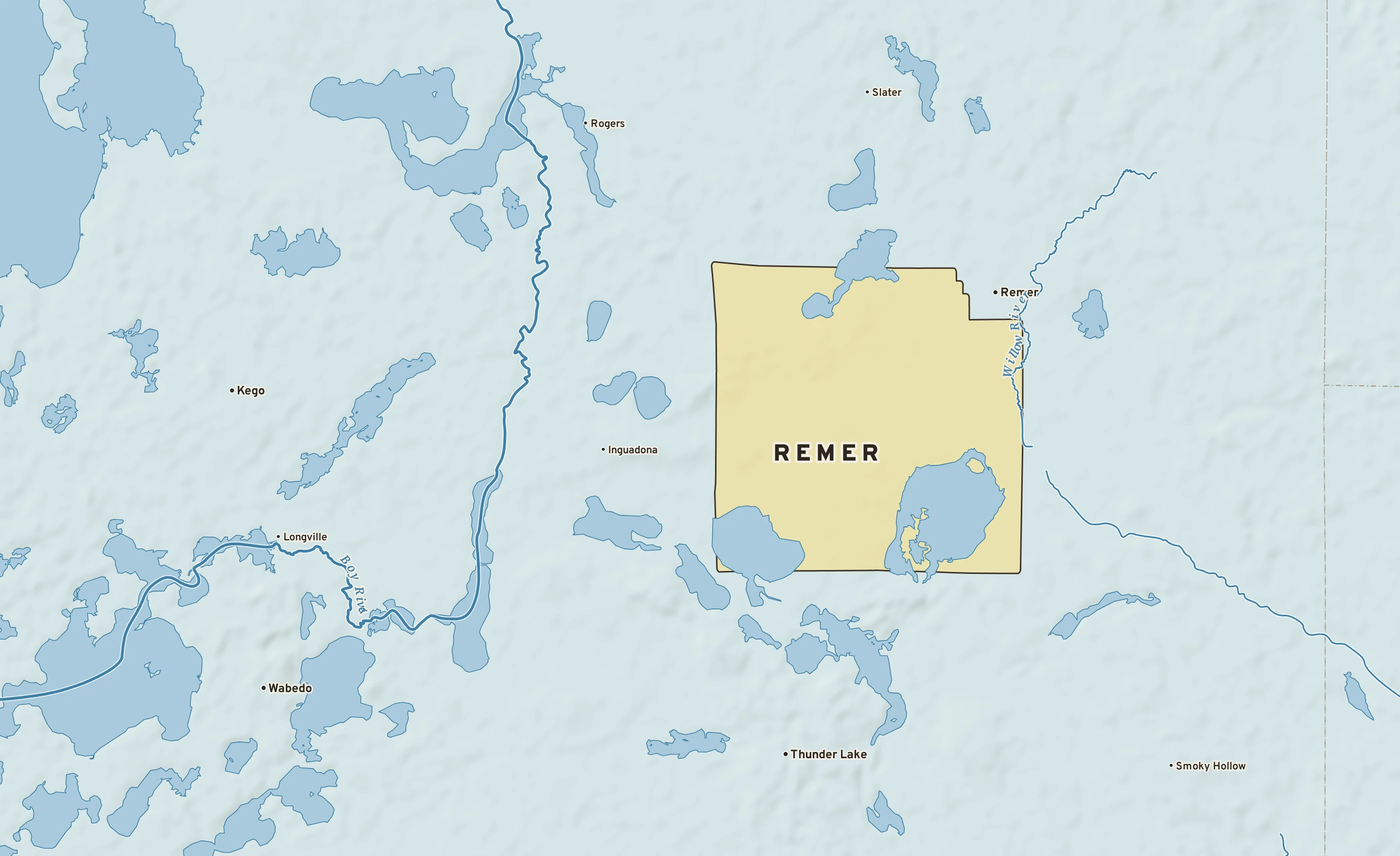 Shaded-relief atlas plate of Remer, Minnesota: rivers, roads, the city limits and where the water drains.