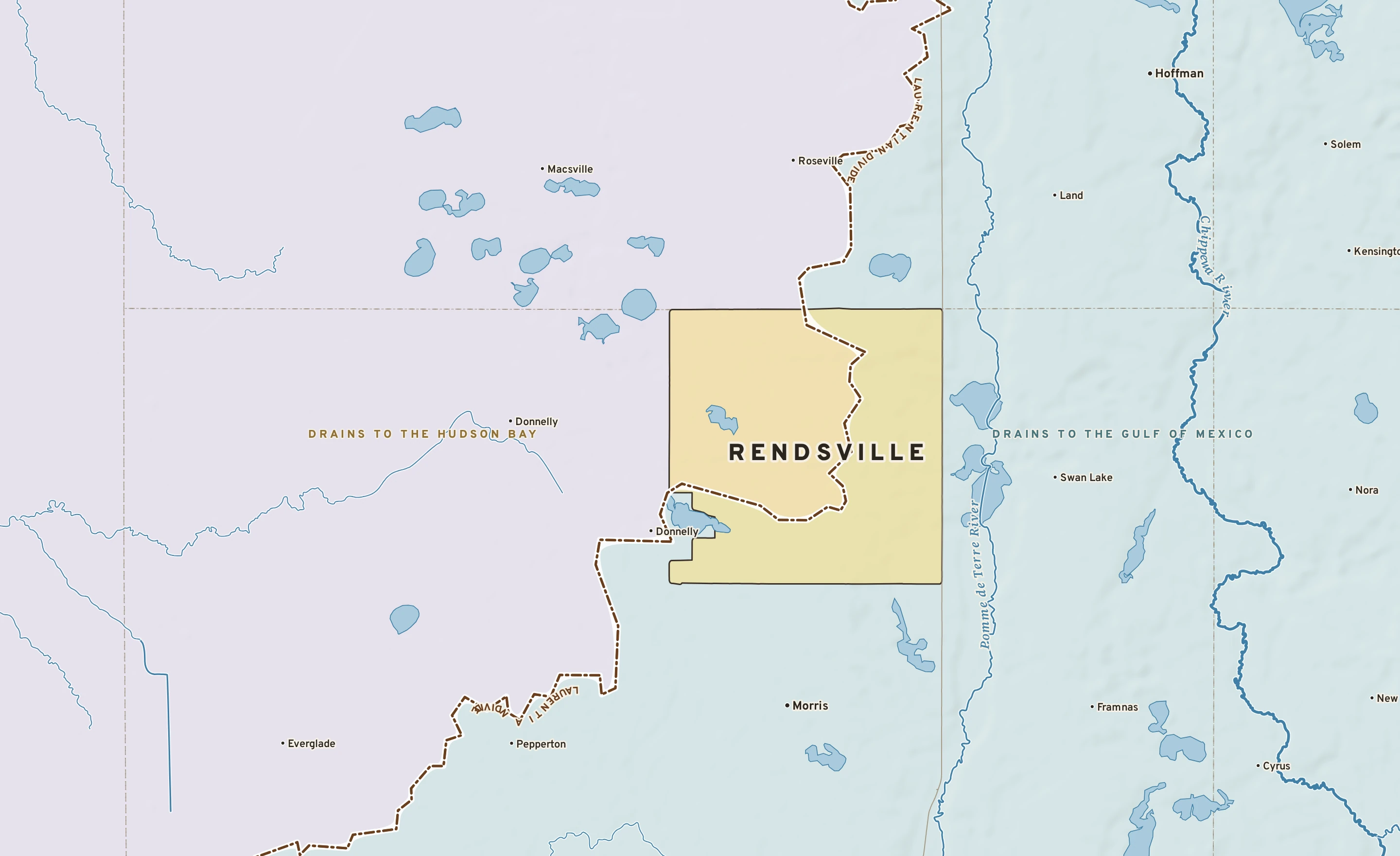 Shaded-relief atlas plate of Rendsville, Minnesota: rivers, roads, the city limits and where the water drains.