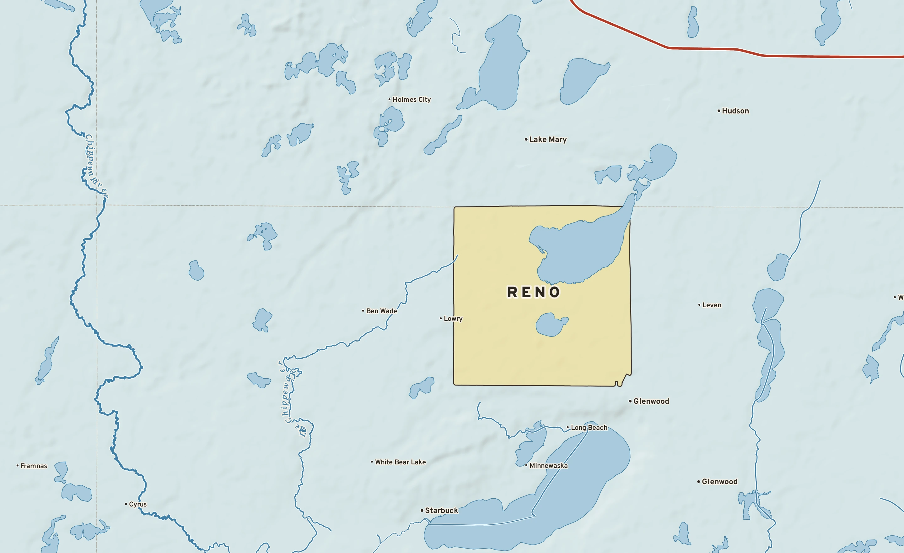 Shaded-relief atlas plate of Reno, Minnesota: rivers, roads, the city limits and where the water drains.