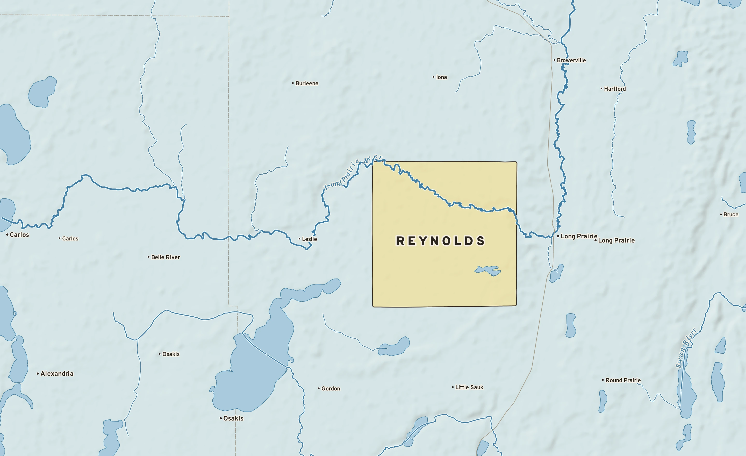 Shaded-relief atlas plate of Reynolds, Minnesota: rivers, roads, the city limits and where the water drains.