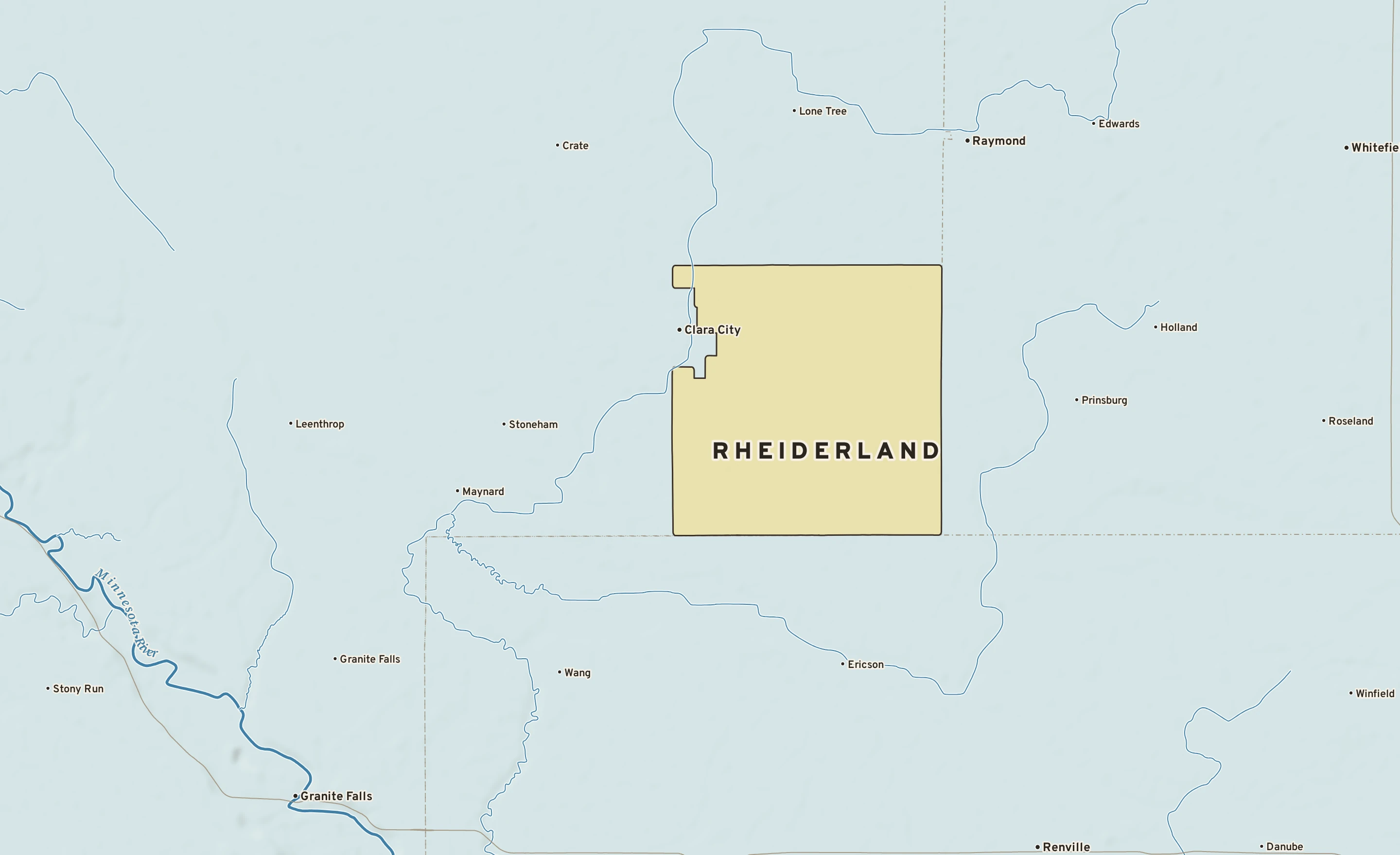 Shaded-relief atlas plate of Rheiderland, Minnesota: rivers, roads, the city limits and where the water drains.
