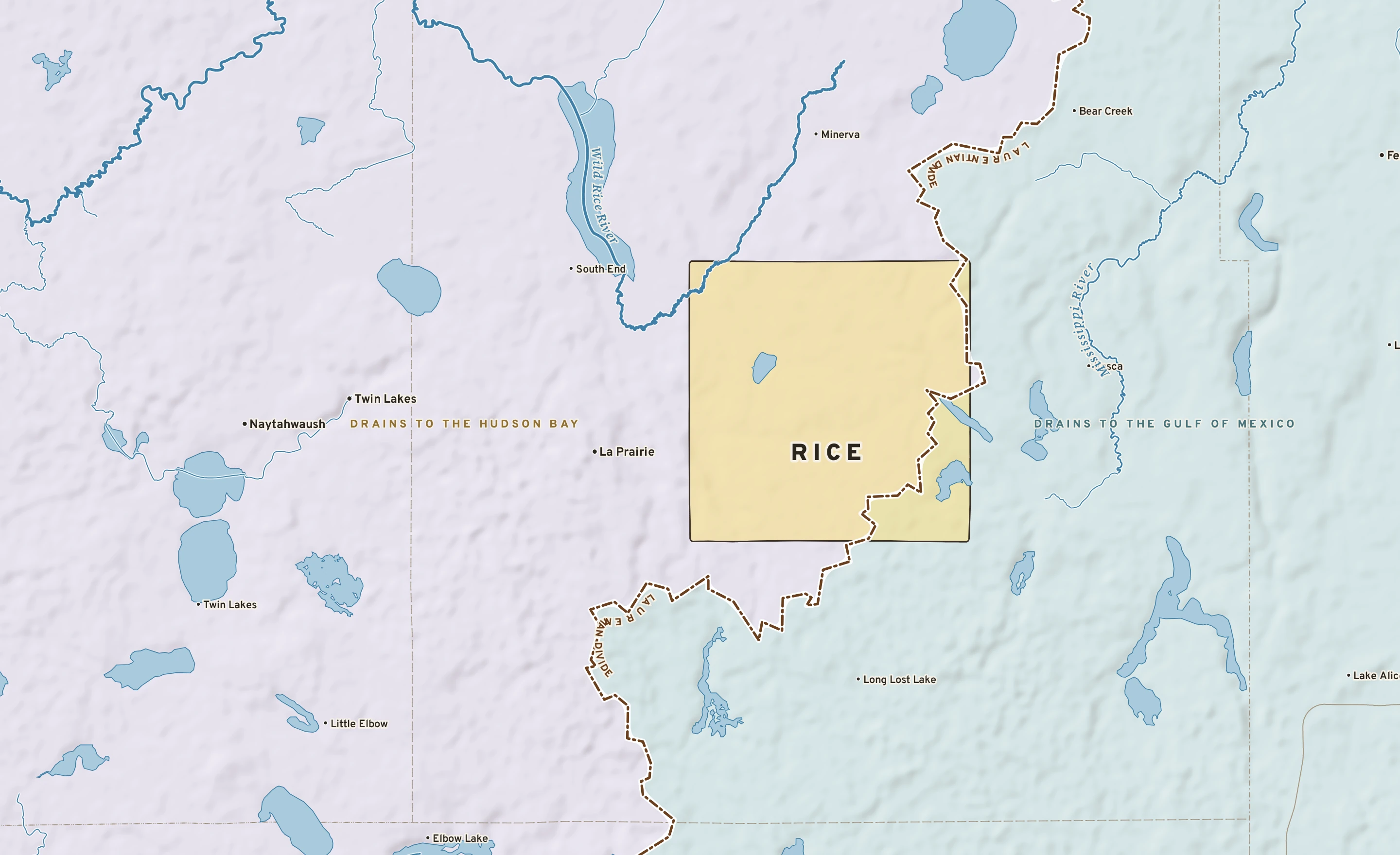 Shaded-relief atlas plate of Rice, Minnesota: rivers, roads, the city limits and where the water drains.