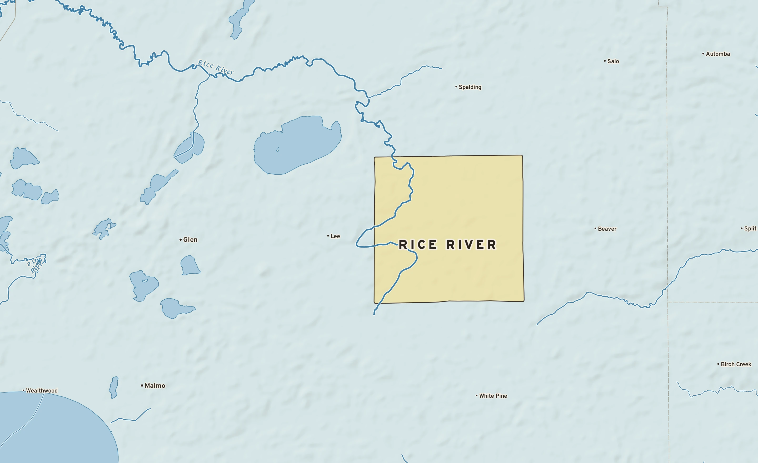 Shaded-relief atlas plate of Rice River, Minnesota: rivers, roads, the city limits and where the water drains.