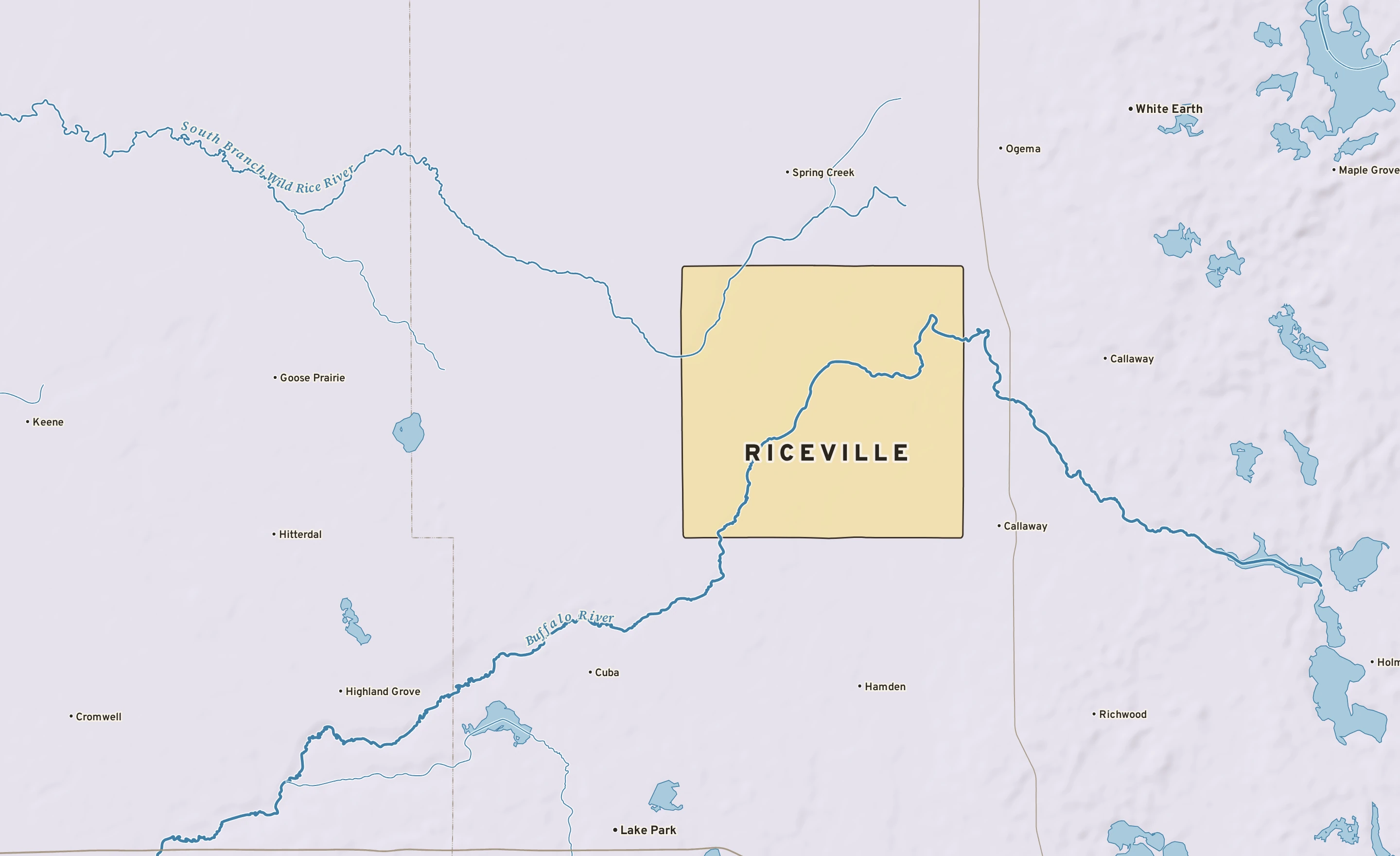 Shaded-relief atlas plate of Riceville, Minnesota: rivers, roads, the city limits and where the water drains.
