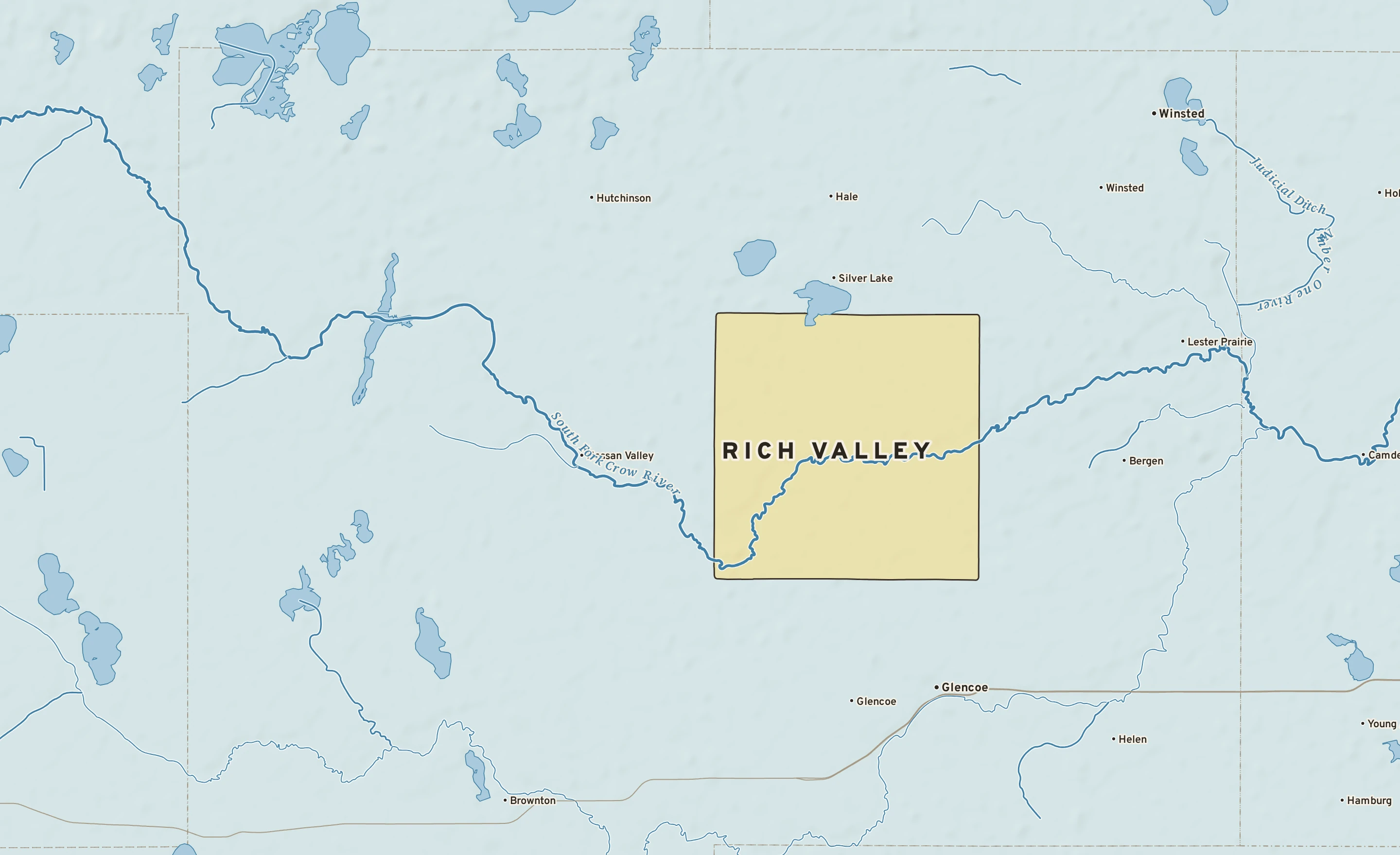 Shaded-relief atlas plate of Rich Valley, Minnesota: rivers, roads, the city limits and where the water drains.