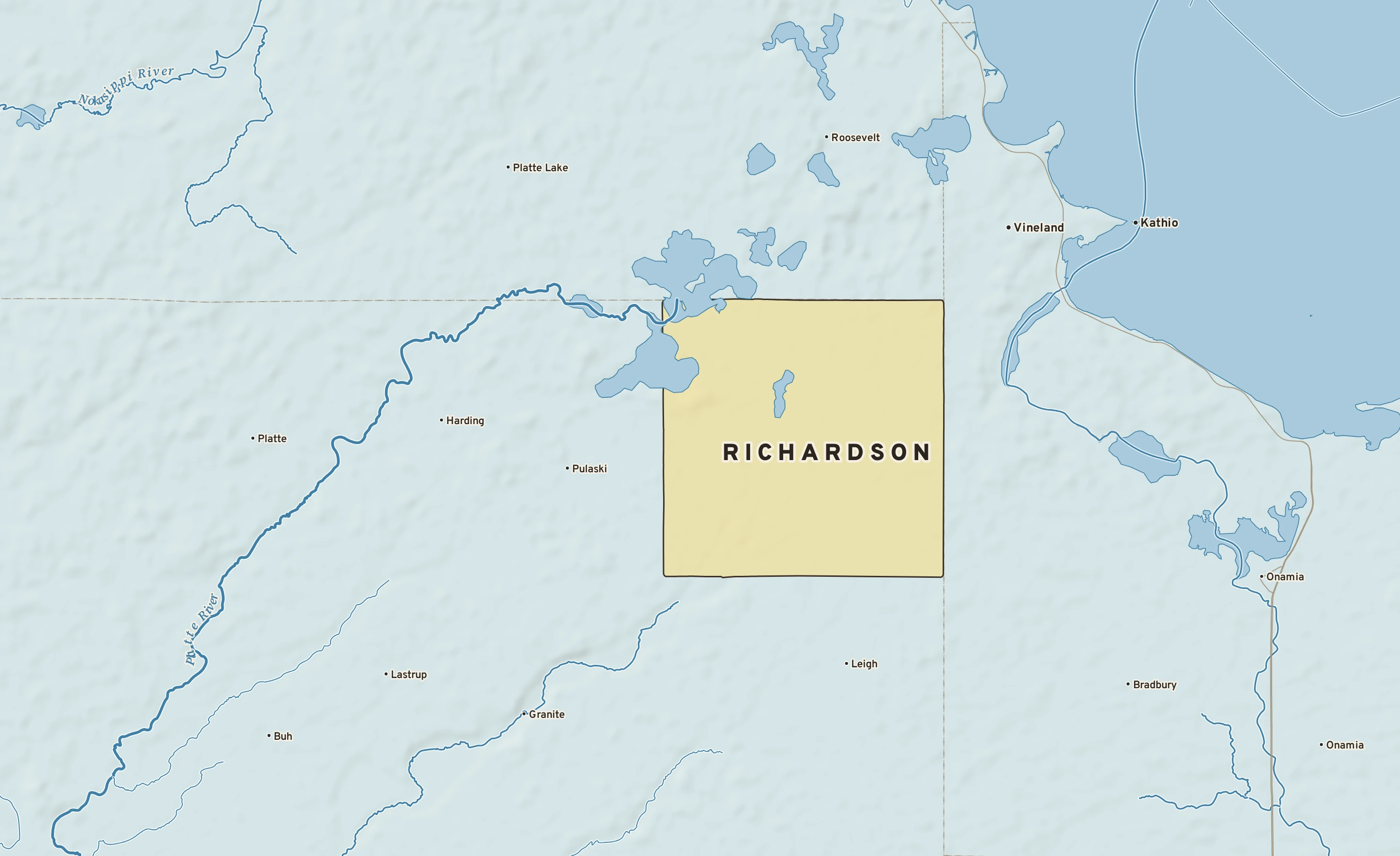 Shaded-relief atlas plate of Richardson, Minnesota: rivers, roads, the city limits and where the water drains.
