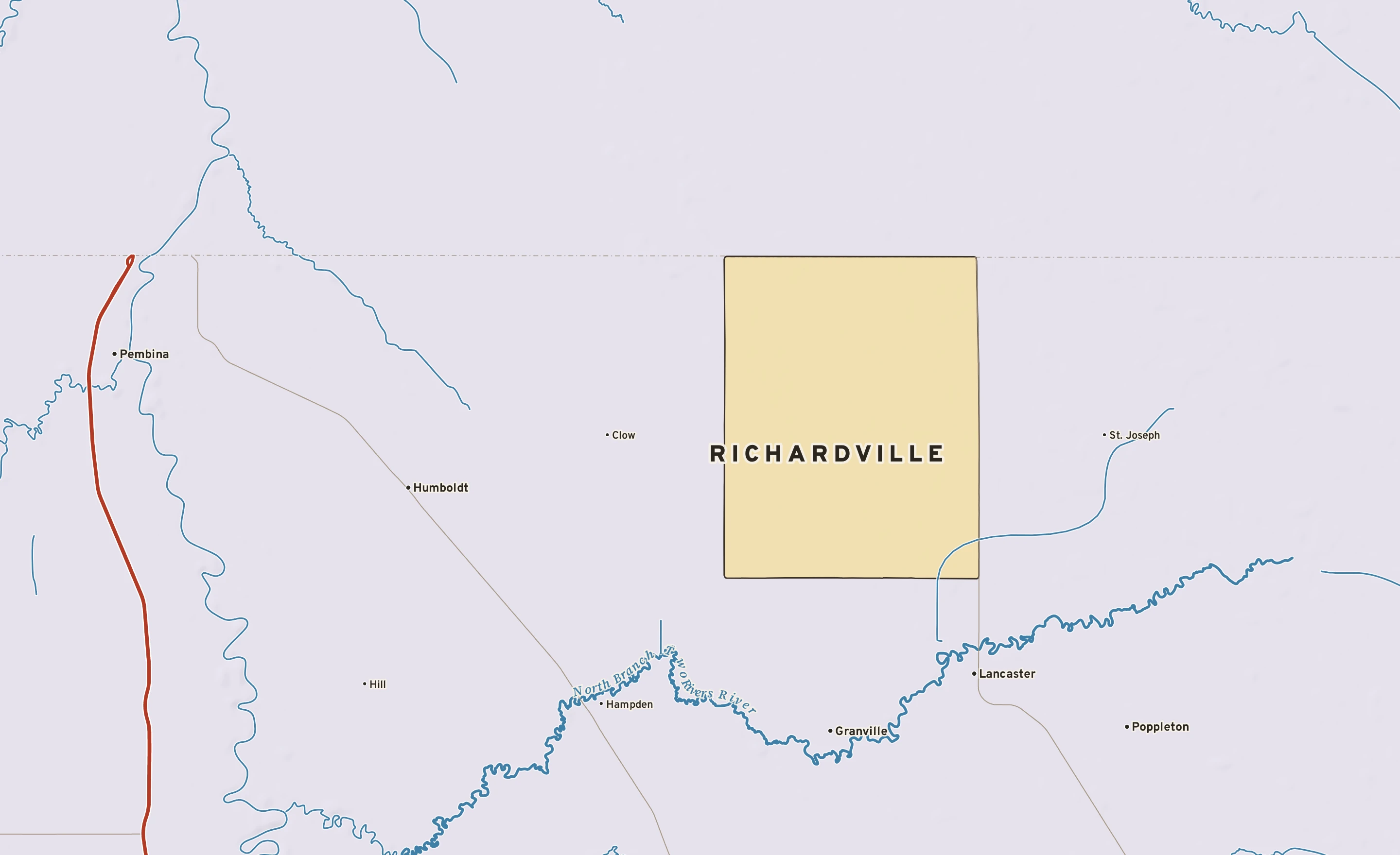 Shaded-relief atlas plate of Richardville, Minnesota: rivers, roads, the city limits and where the water drains.