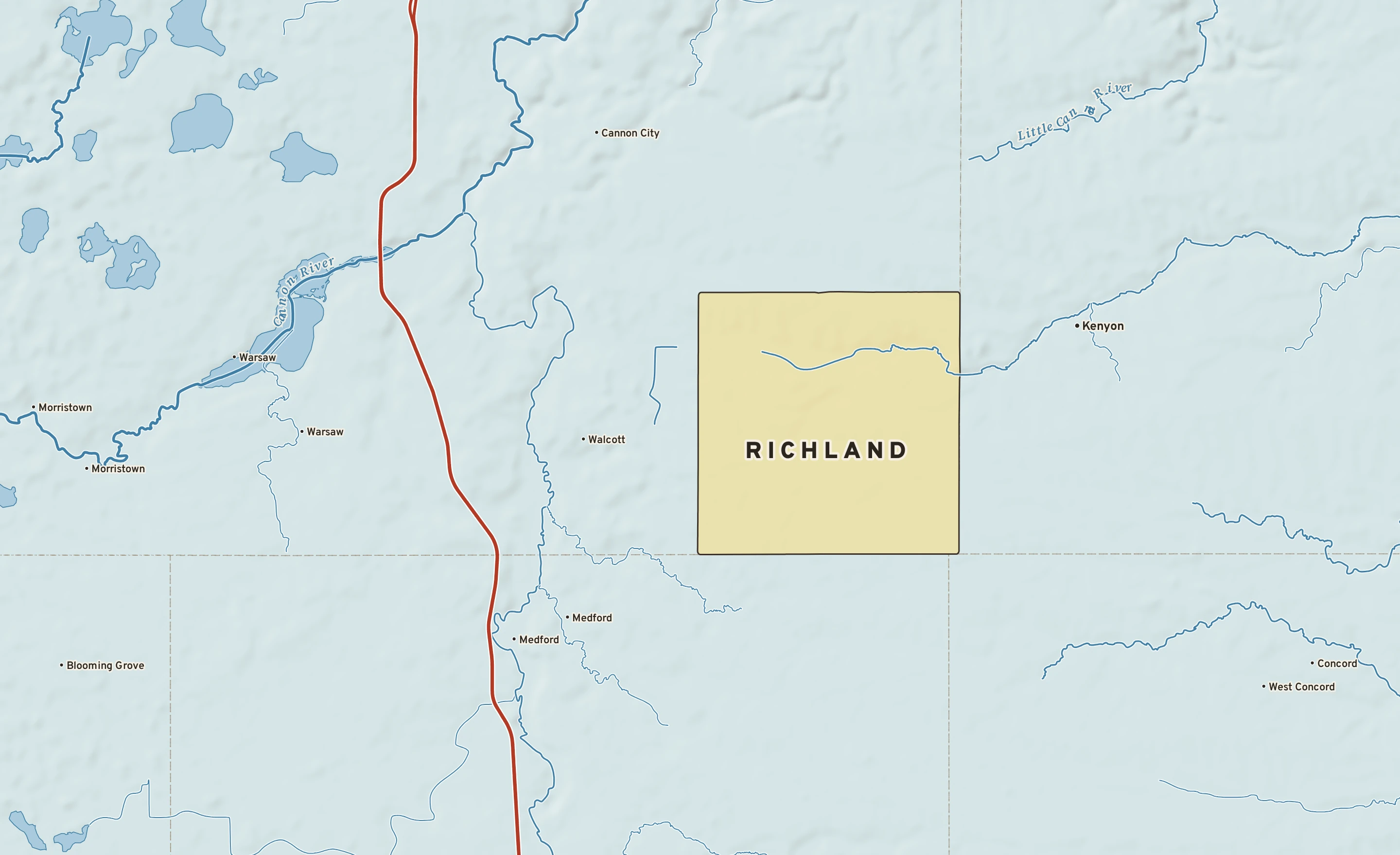 Shaded-relief atlas plate of Richland, Minnesota: rivers, roads, the city limits and where the water drains.