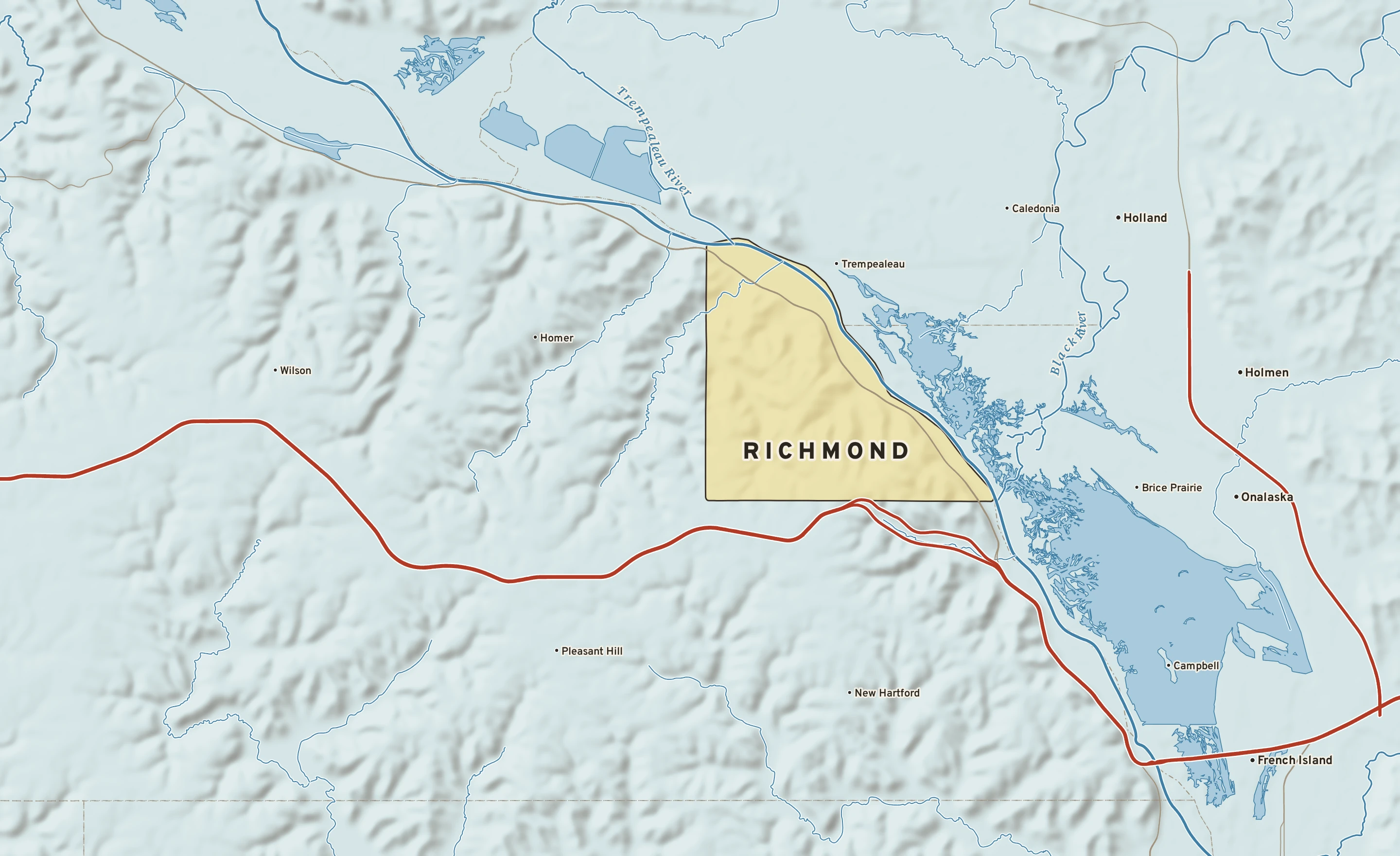Shaded-relief atlas plate of Richmond, Minnesota: rivers, roads, the city limits and where the water drains.