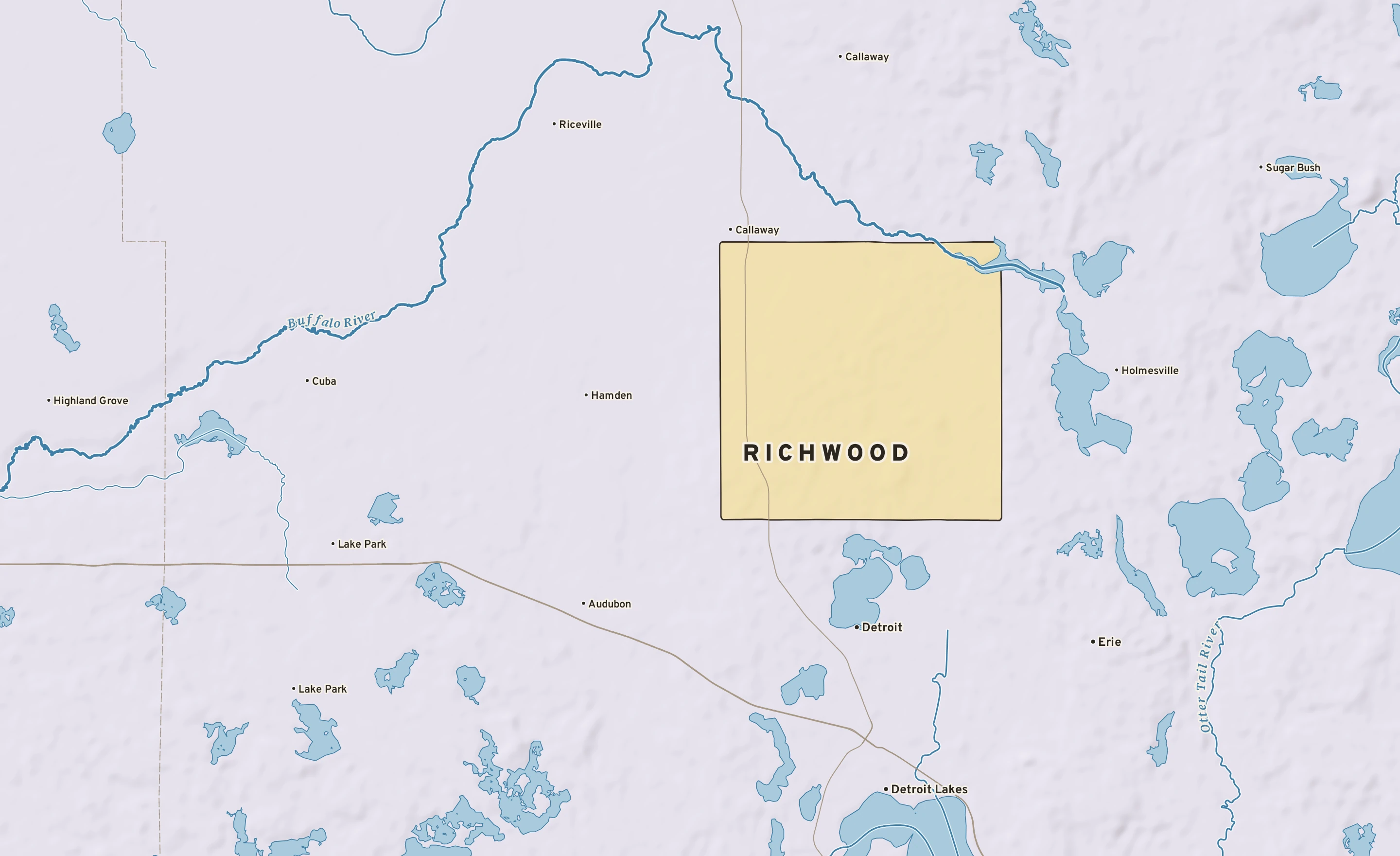 Shaded-relief atlas plate of Richwood, Minnesota: rivers, roads, the city limits and where the water drains.