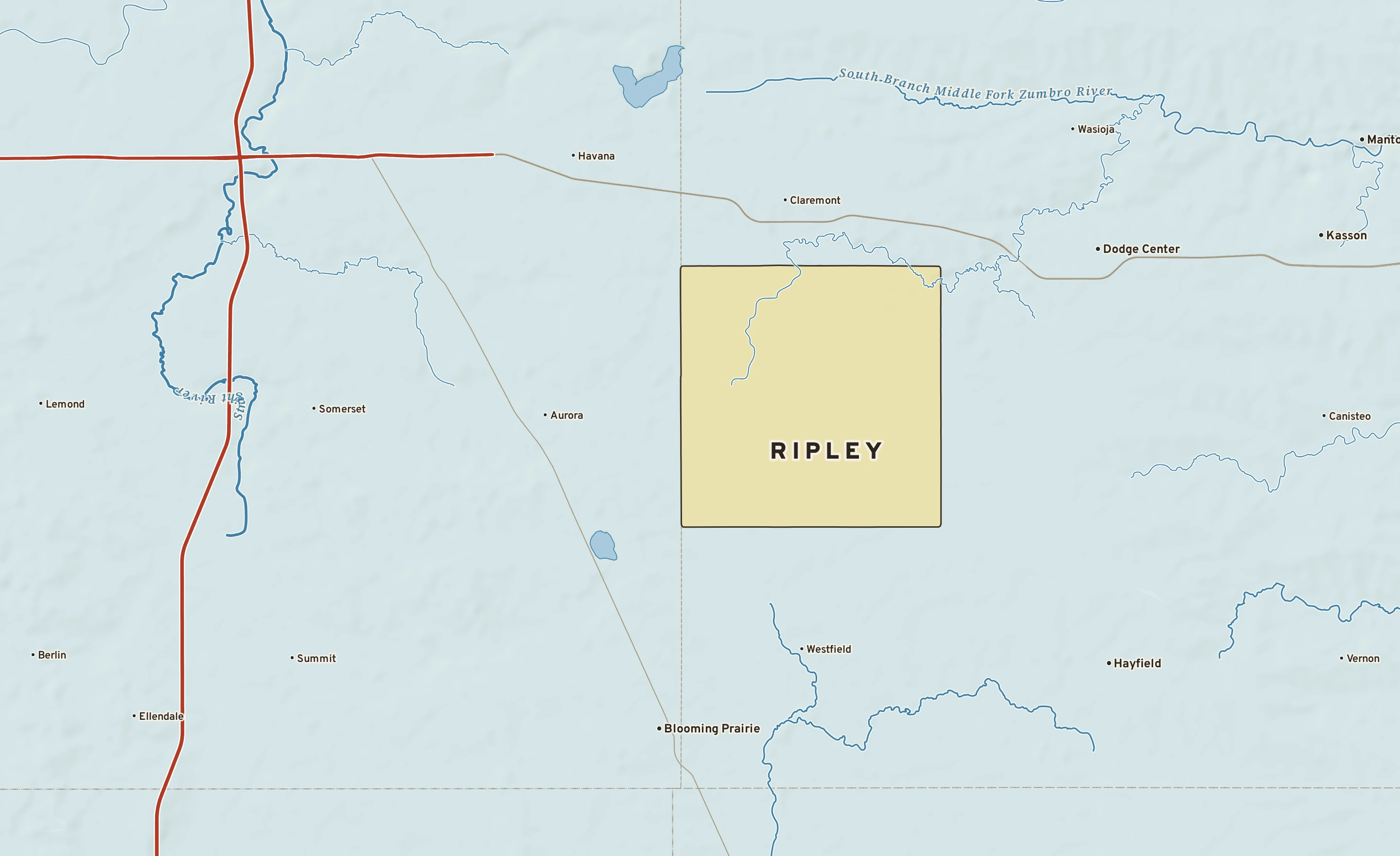 Shaded-relief atlas plate of Ripley, Minnesota: rivers, roads, the city limits and where the water drains.
