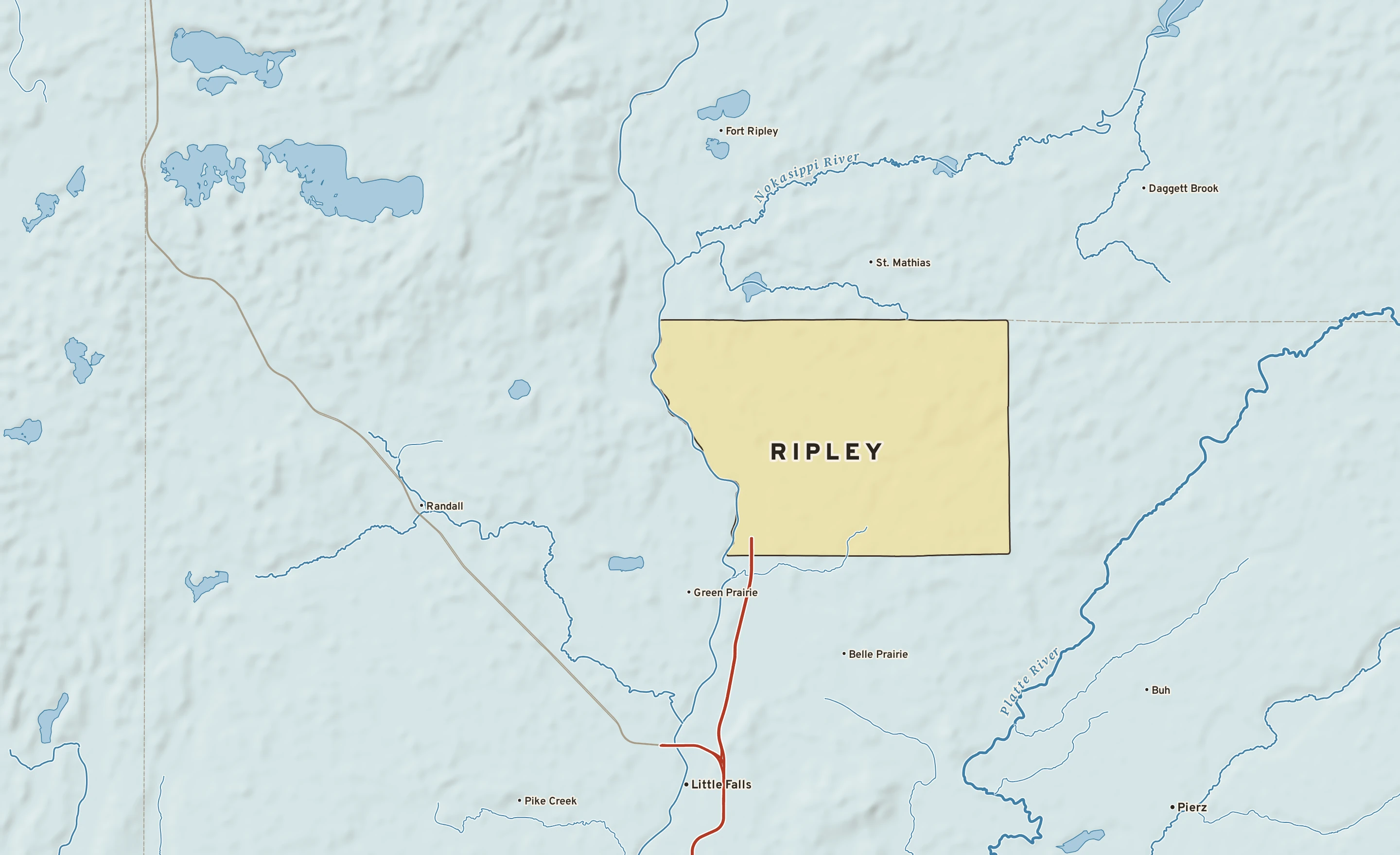 Shaded-relief atlas plate of Ripley, Minnesota: rivers, roads, the city limits and where the water drains.