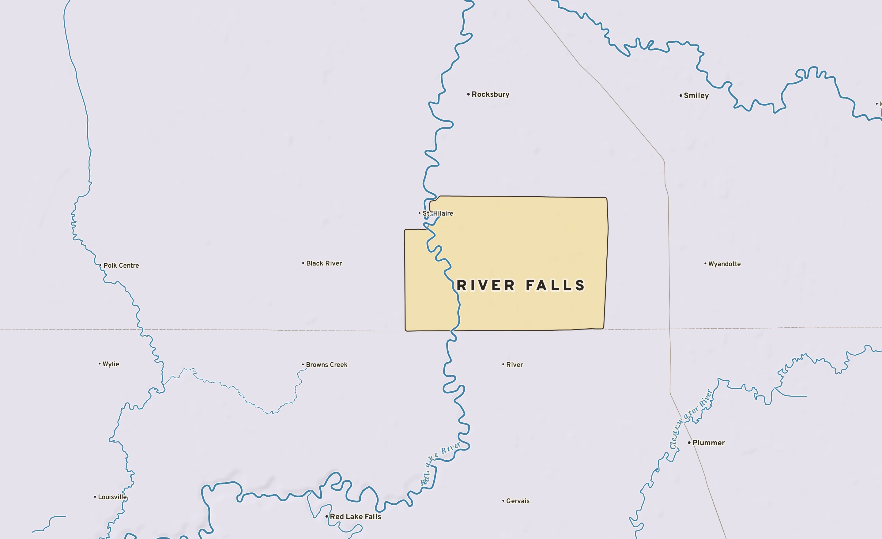 Shaded-relief atlas plate of River Falls, Minnesota: rivers, roads, the city limits and where the water drains.