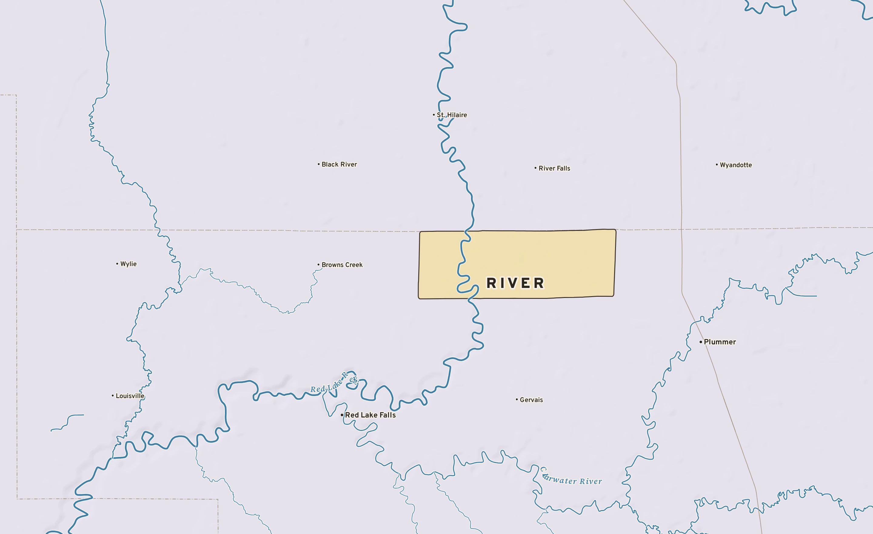 Shaded-relief atlas plate of River, Minnesota: rivers, roads, the city limits and where the water drains.