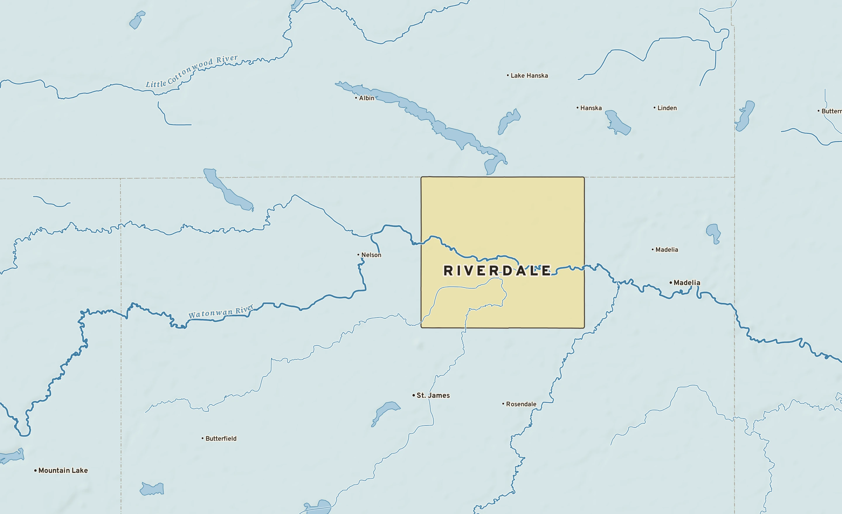 Shaded-relief atlas plate of Riverdale, Minnesota: rivers, roads, the city limits and where the water drains.