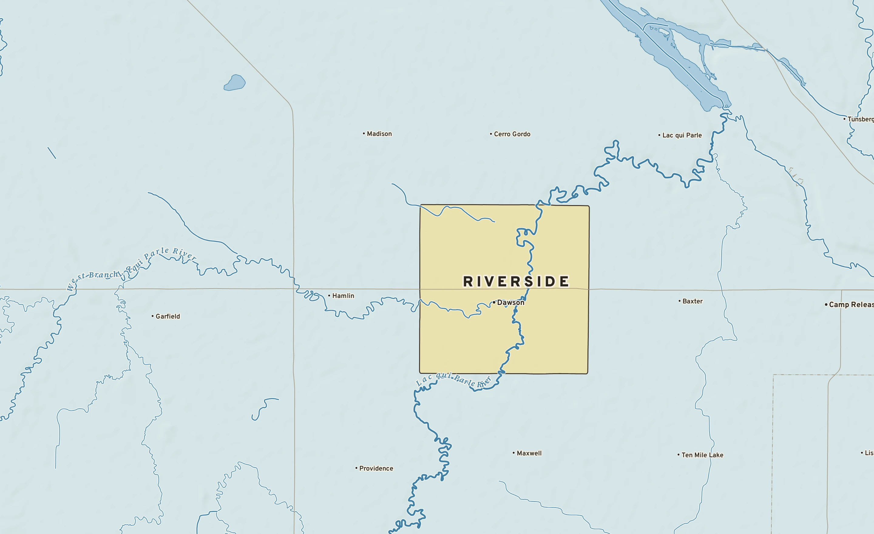 Shaded-relief atlas plate of Riverside, Minnesota: rivers, roads, the city limits and where the water drains.