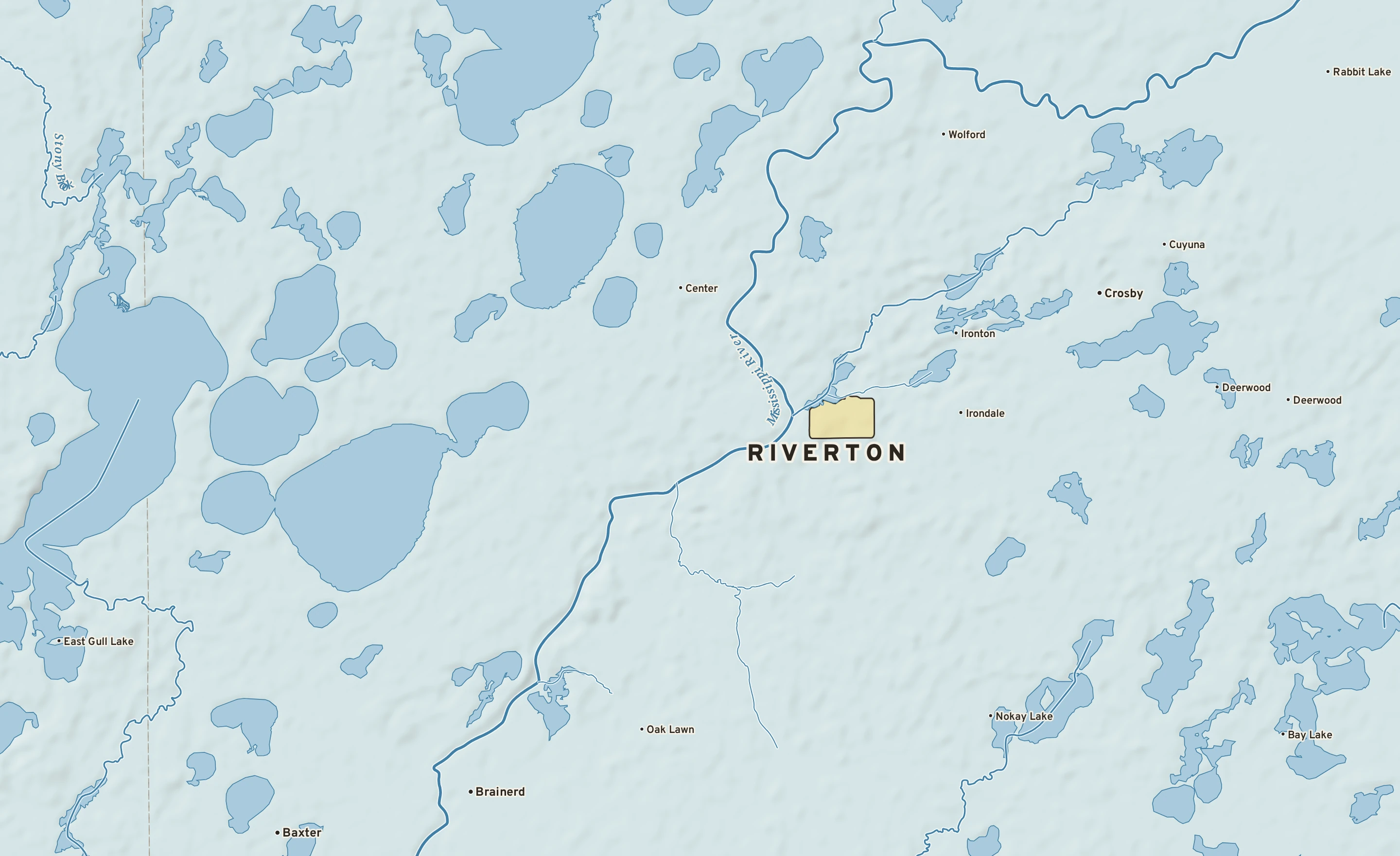 Shaded-relief atlas plate of Riverton, Minnesota: rivers, roads, the city limits and where the water drains.