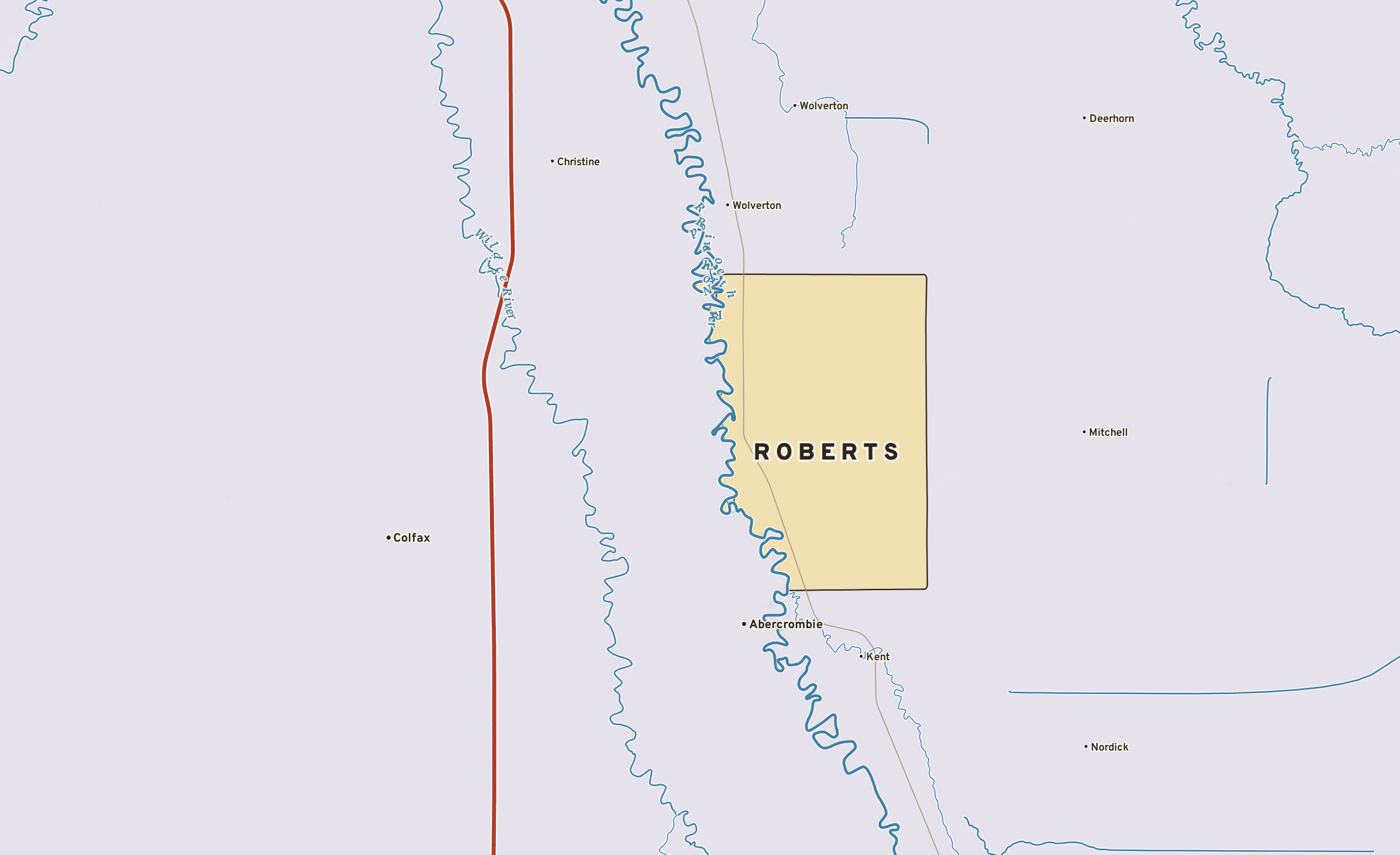 Shaded-relief atlas plate of Roberts, Minnesota: rivers, roads, the city limits and where the water drains.