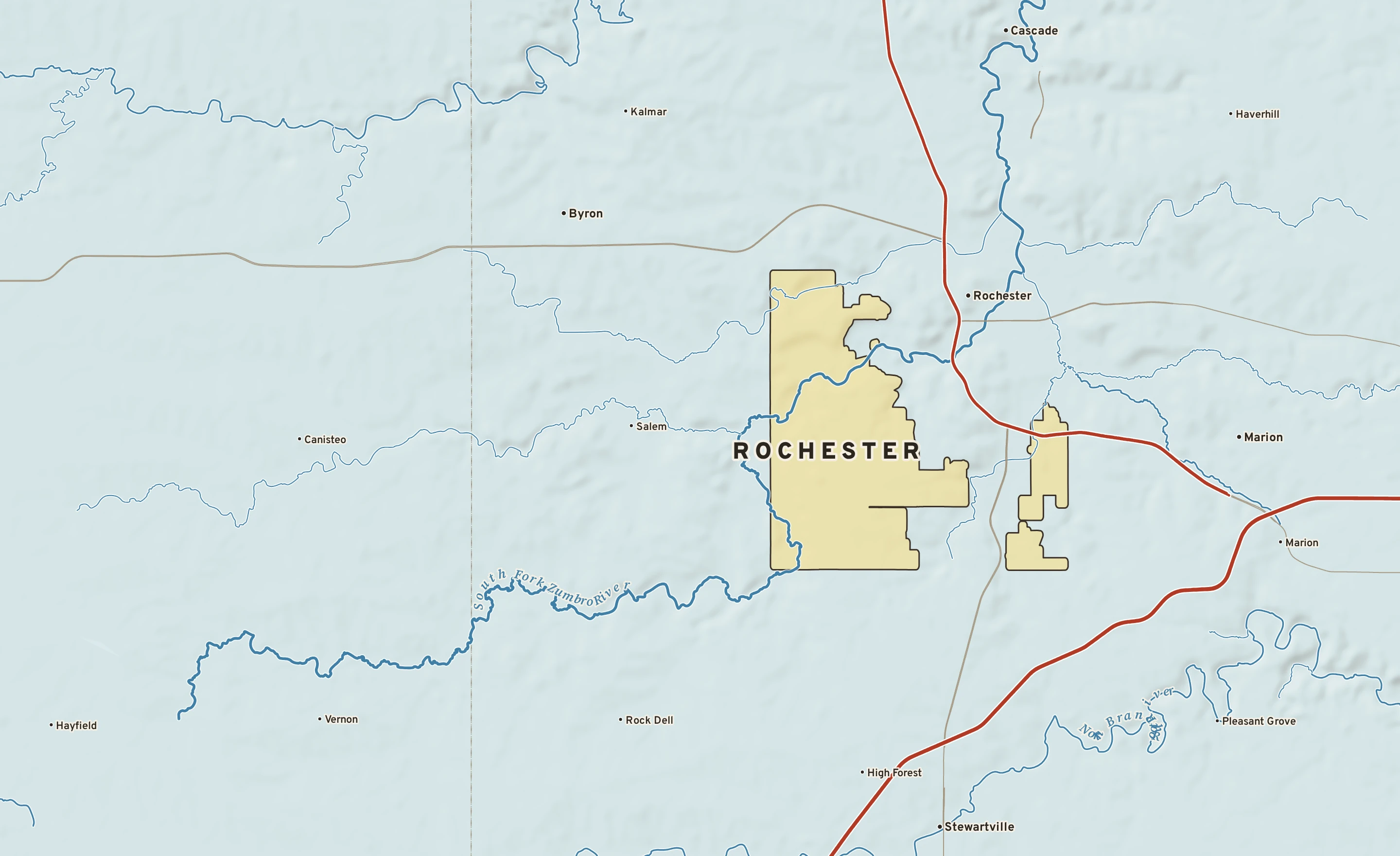 Shaded-relief atlas plate of Rochester, Minnesota: rivers, roads, the city limits and where the water drains.